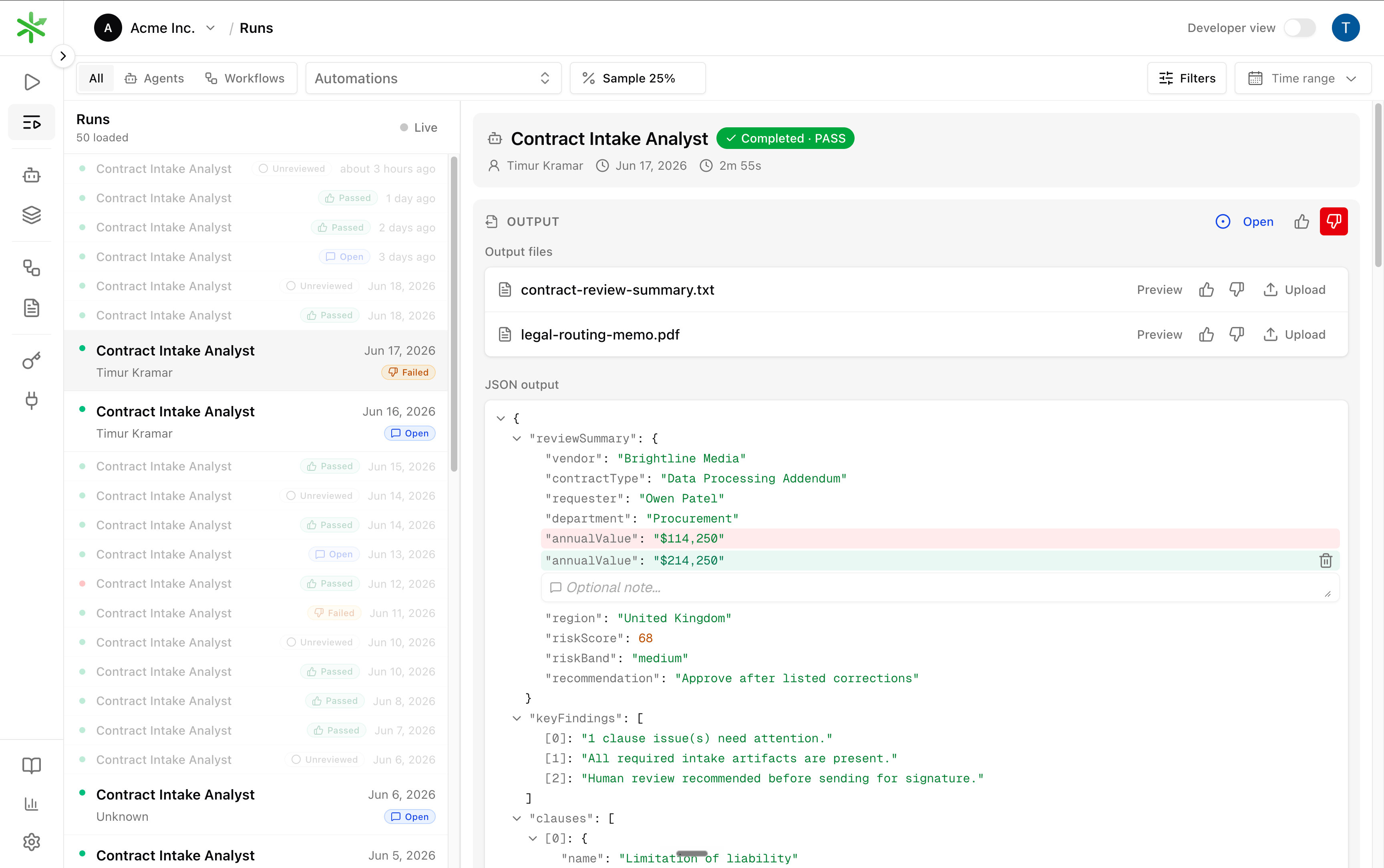 Runs review view with sampling, review status chips, and inline output correction