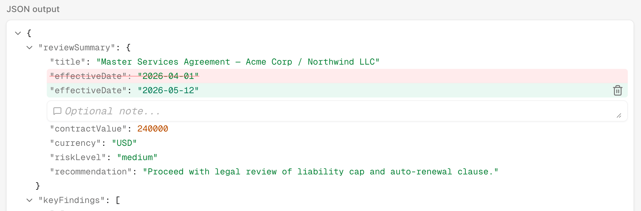 JSON output with an inline field correction and optional note