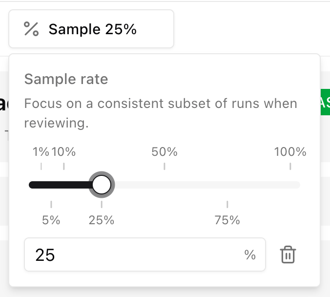 Sample rate popover set to 25 percent on the Runs page