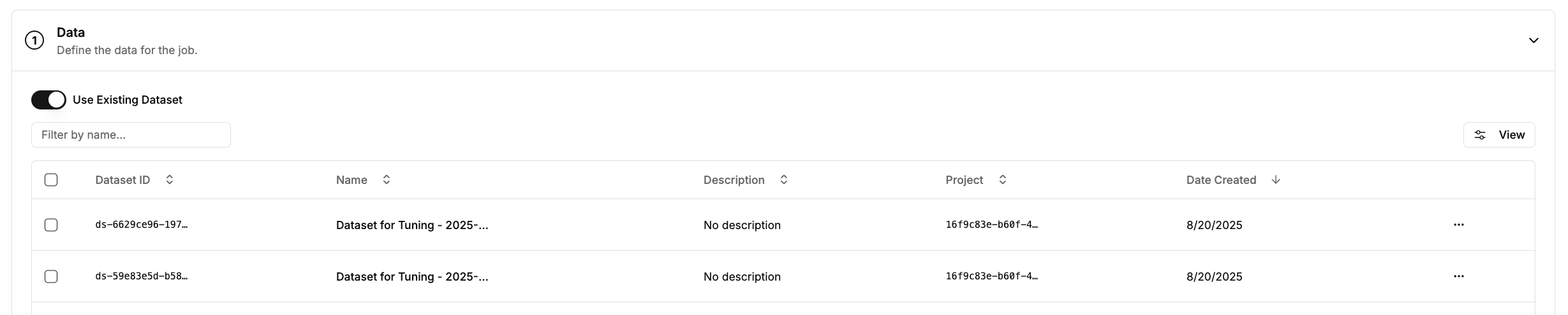 Existing dataset selection