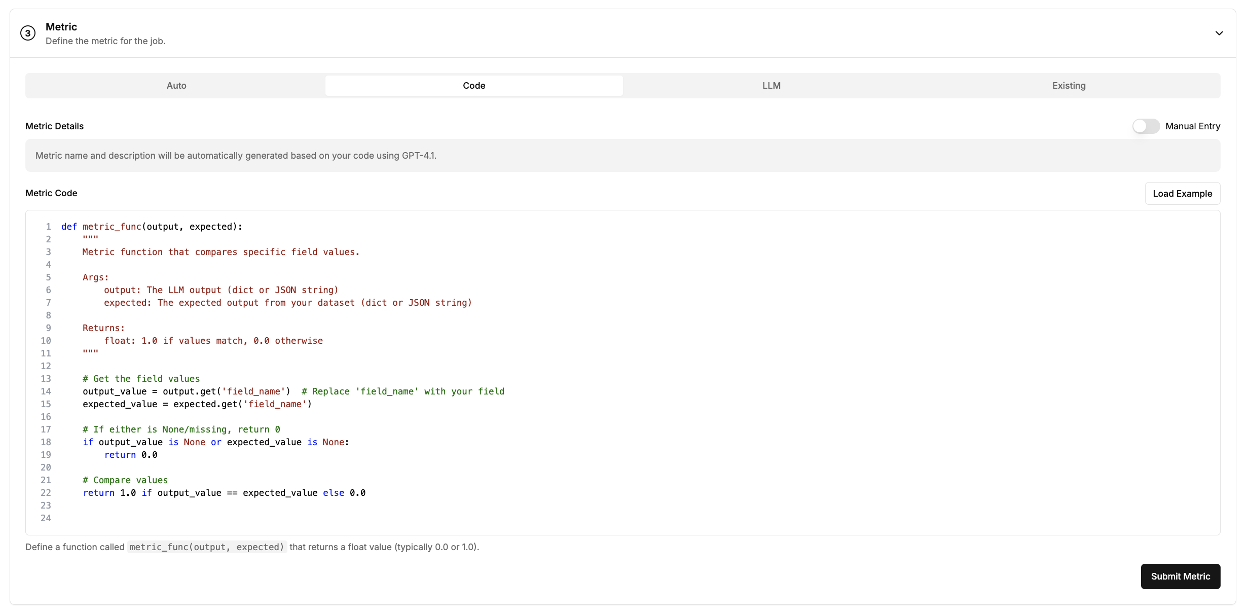 Code metric creation