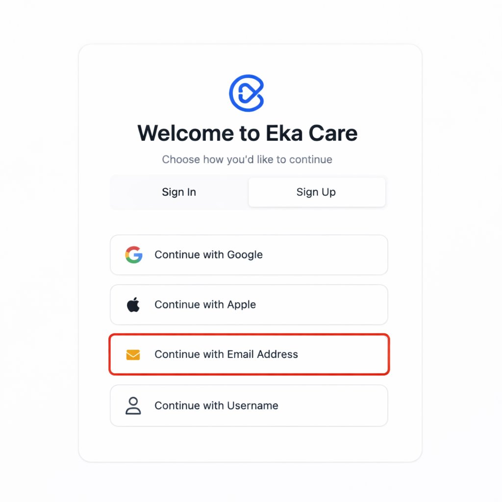 Eka sign-up options screen