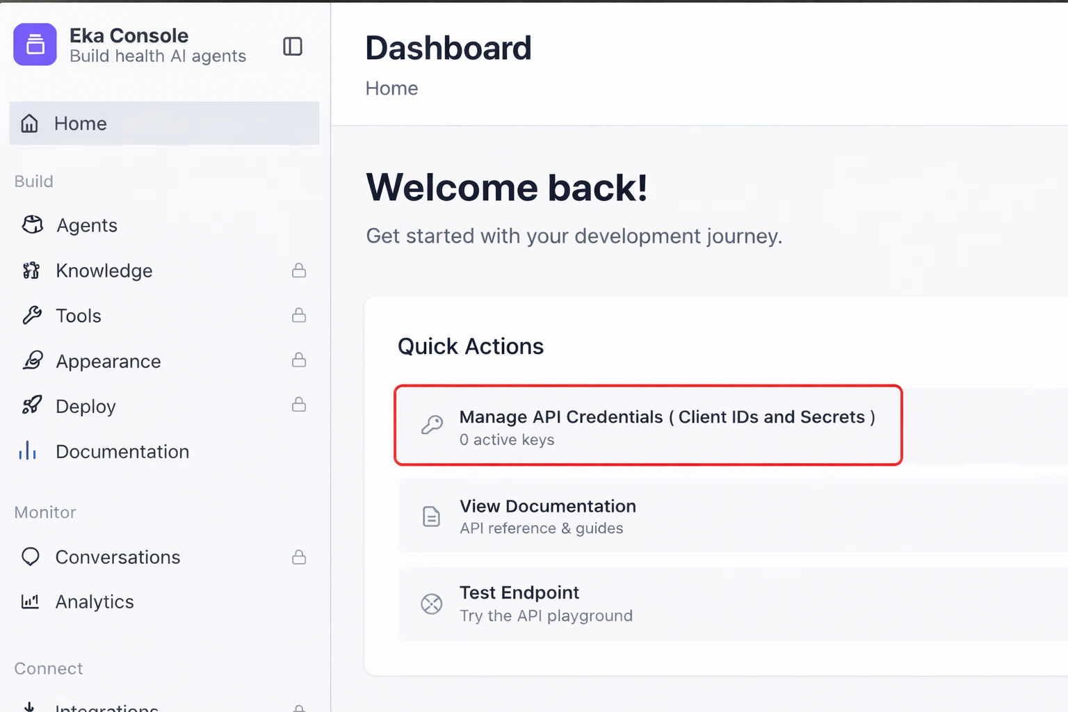 Eka Console dashboard with Manage API Credentials highlighted