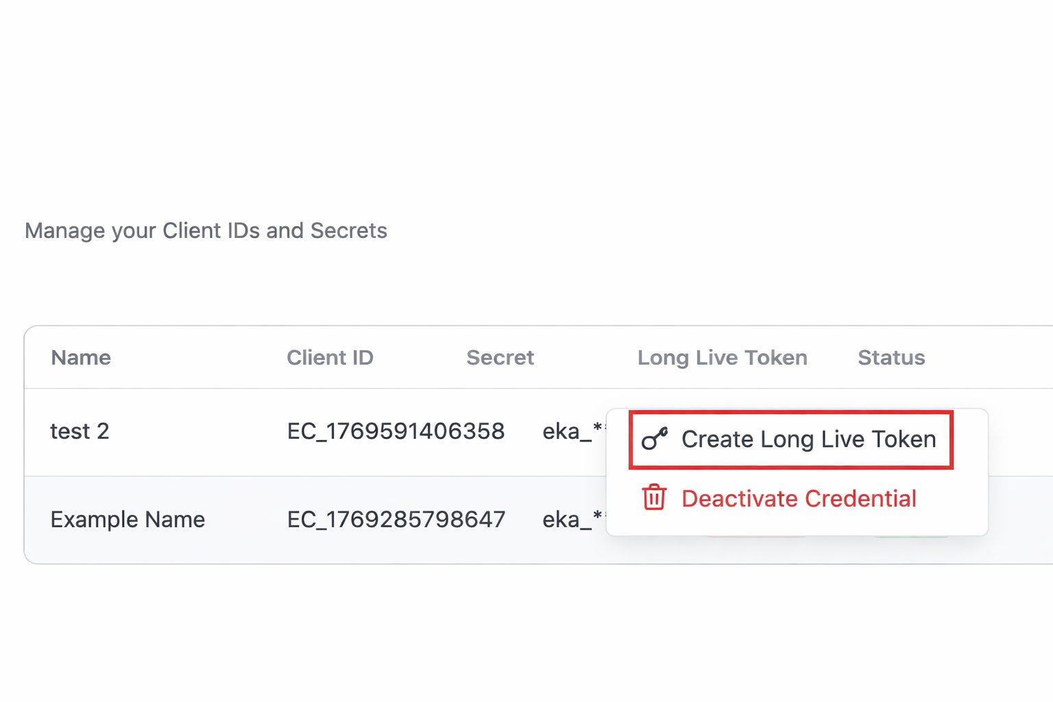 Eka Console dashboard with Manage API Credentials highlighted