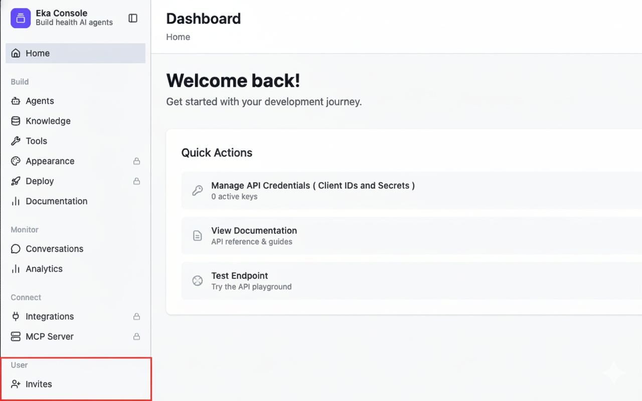 Developer Console with Invites highlighted