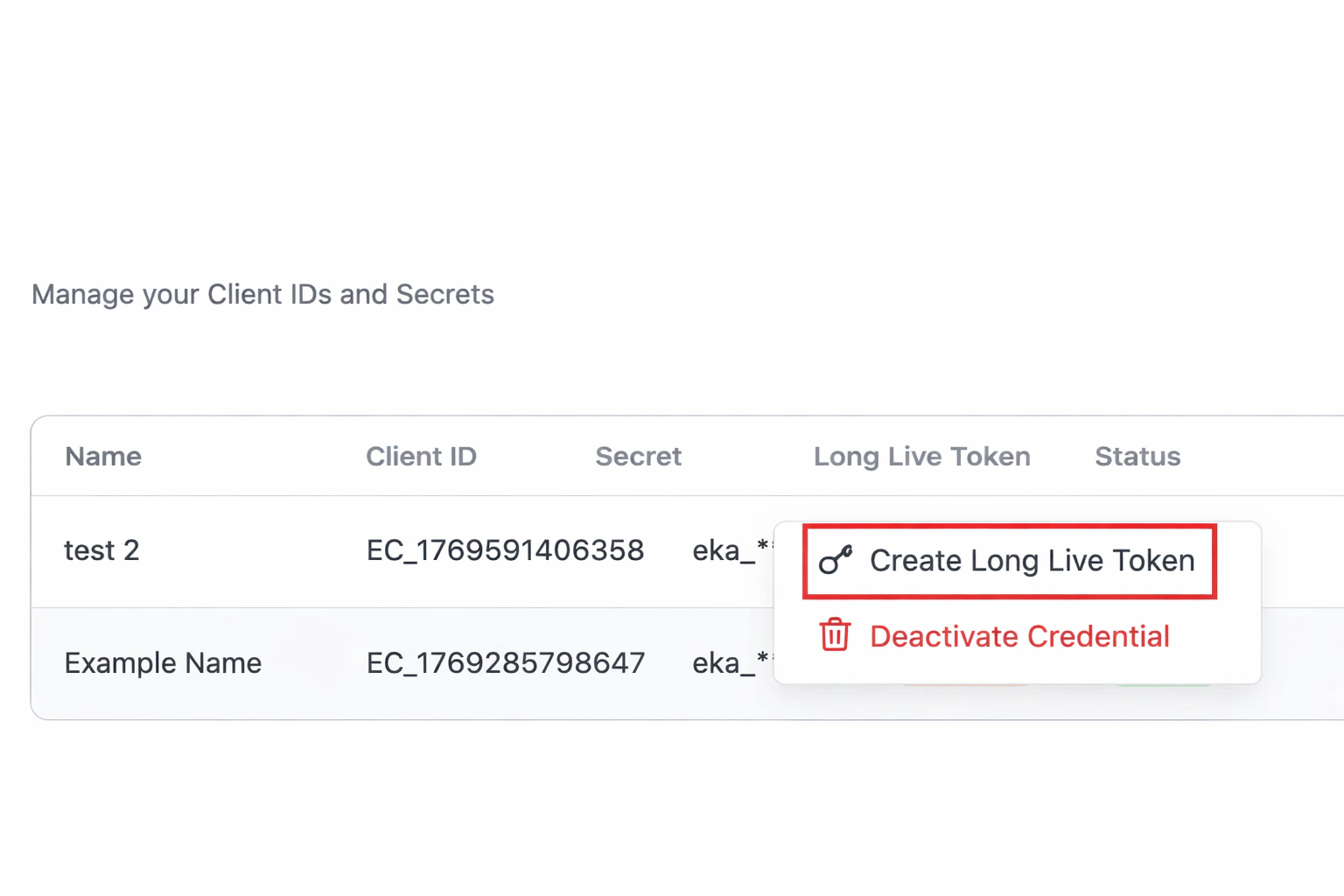 Eka Console dashboard with Manage API Credentials highlighted