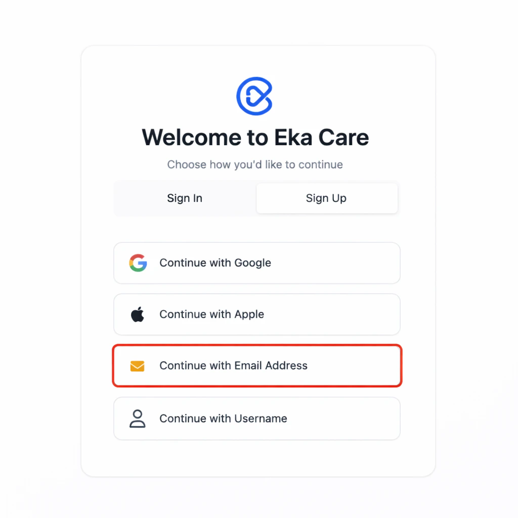 Eka sign-up options screen