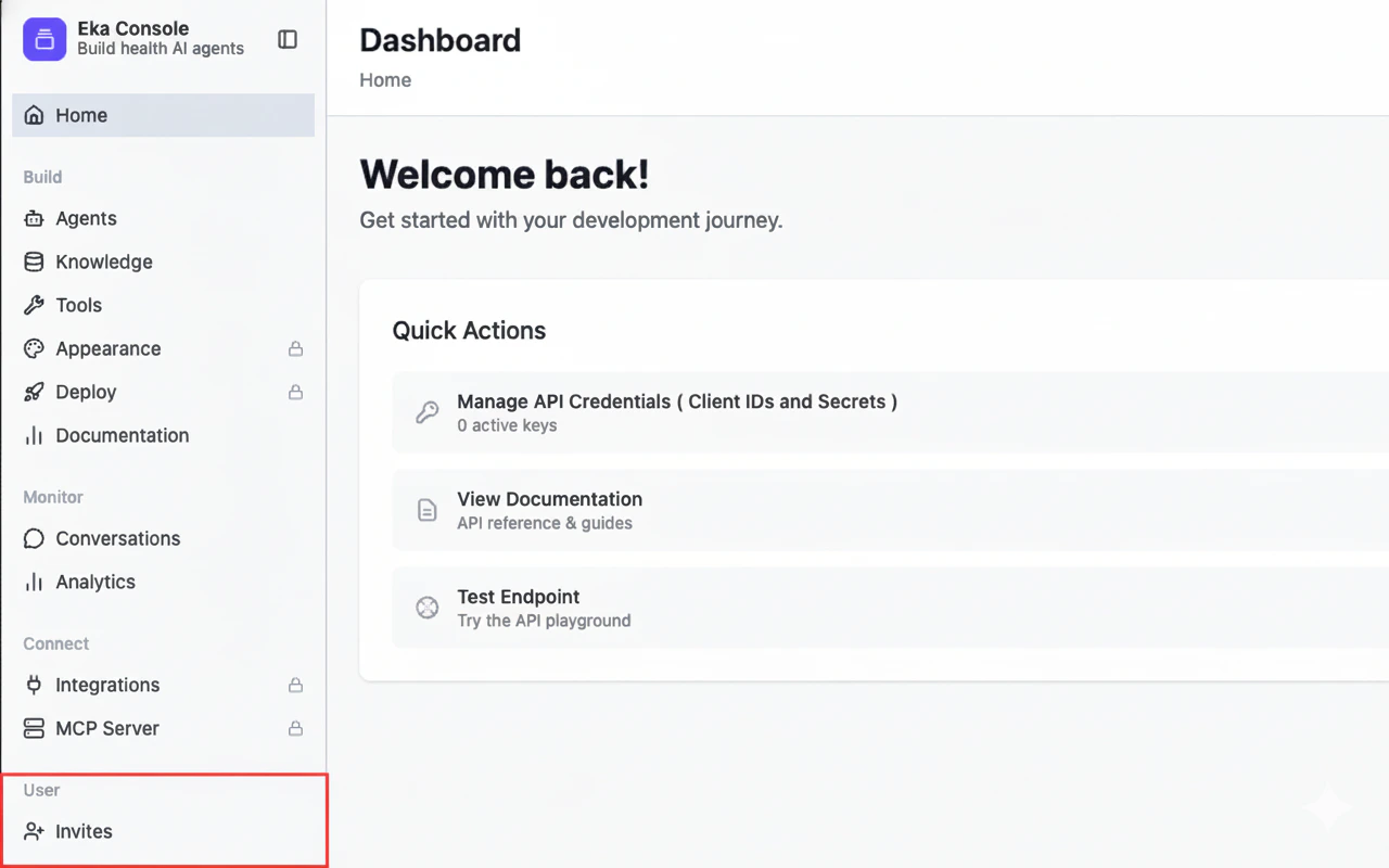 Developer Console with Invites highlighted