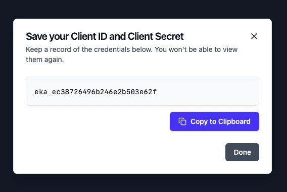 Eka Console dashboard with Manage API Credentials highlighted
