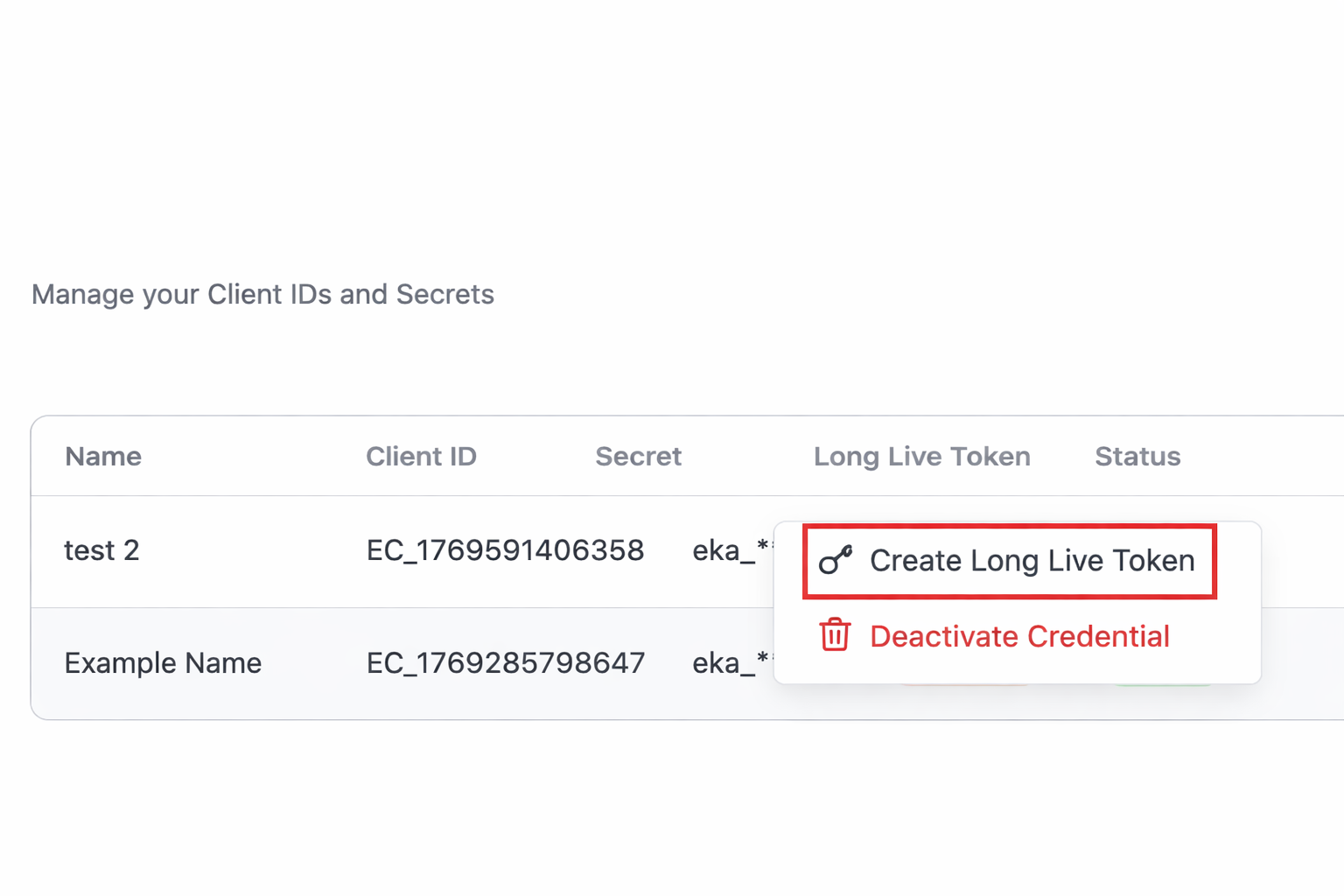 Eka Console dashboard with Manage API Credentials highlighted