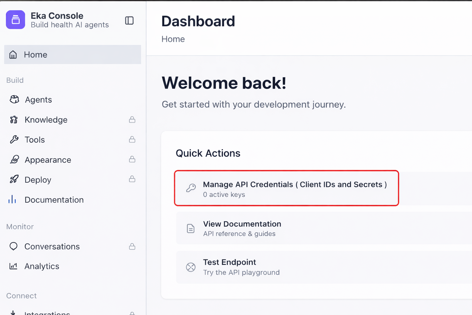 Eka Console dashboard with Manage API Credentials highlighted