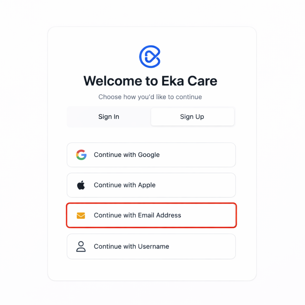Eka sign-up options screen