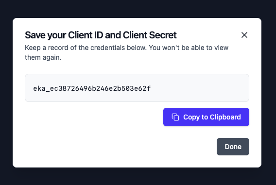 Eka Console dashboard with Manage API Credentials highlighted