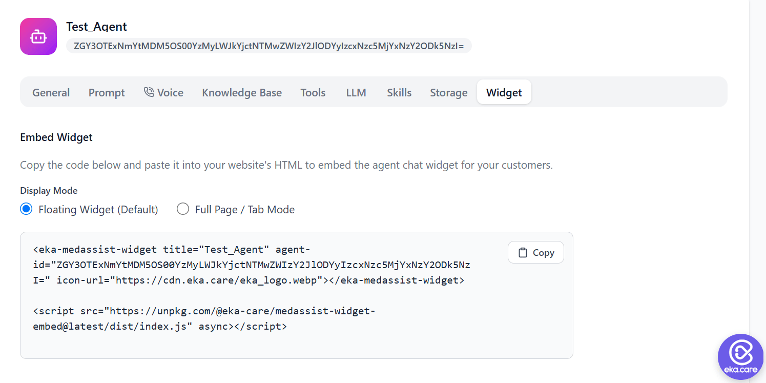 The Widget tab in the EkaCare Developer Console, showing the embed code to copy
