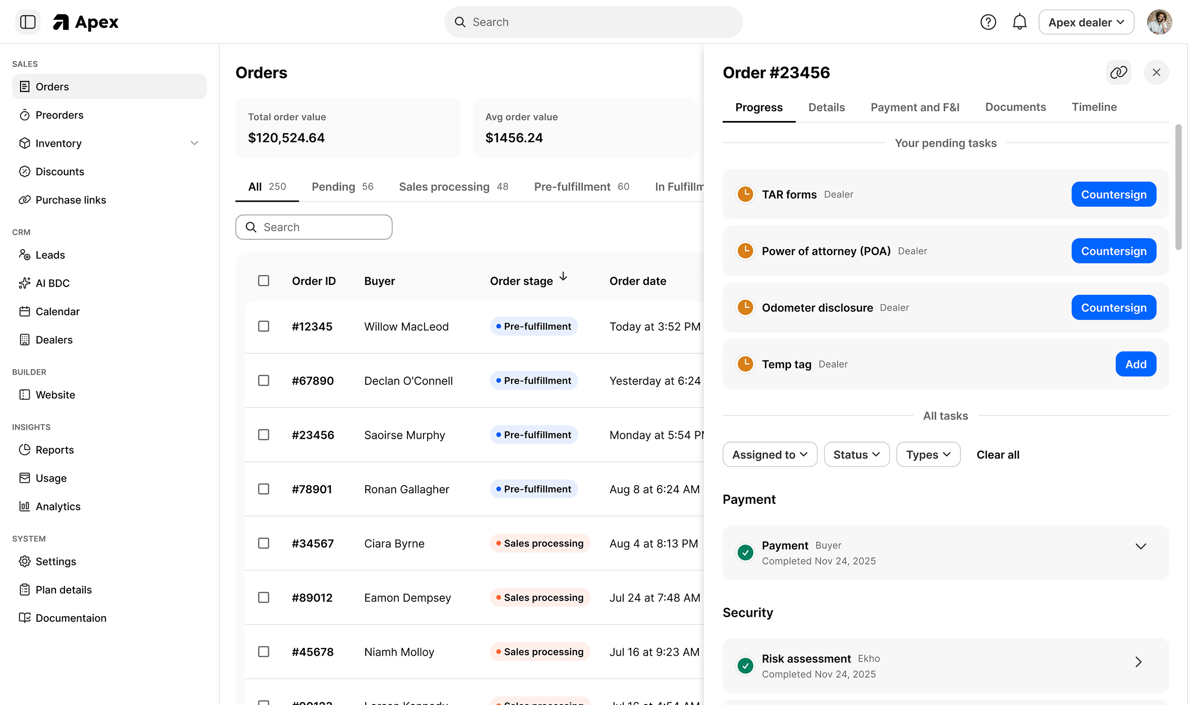 The Orders list with an order open showing pending tasks for the dealer