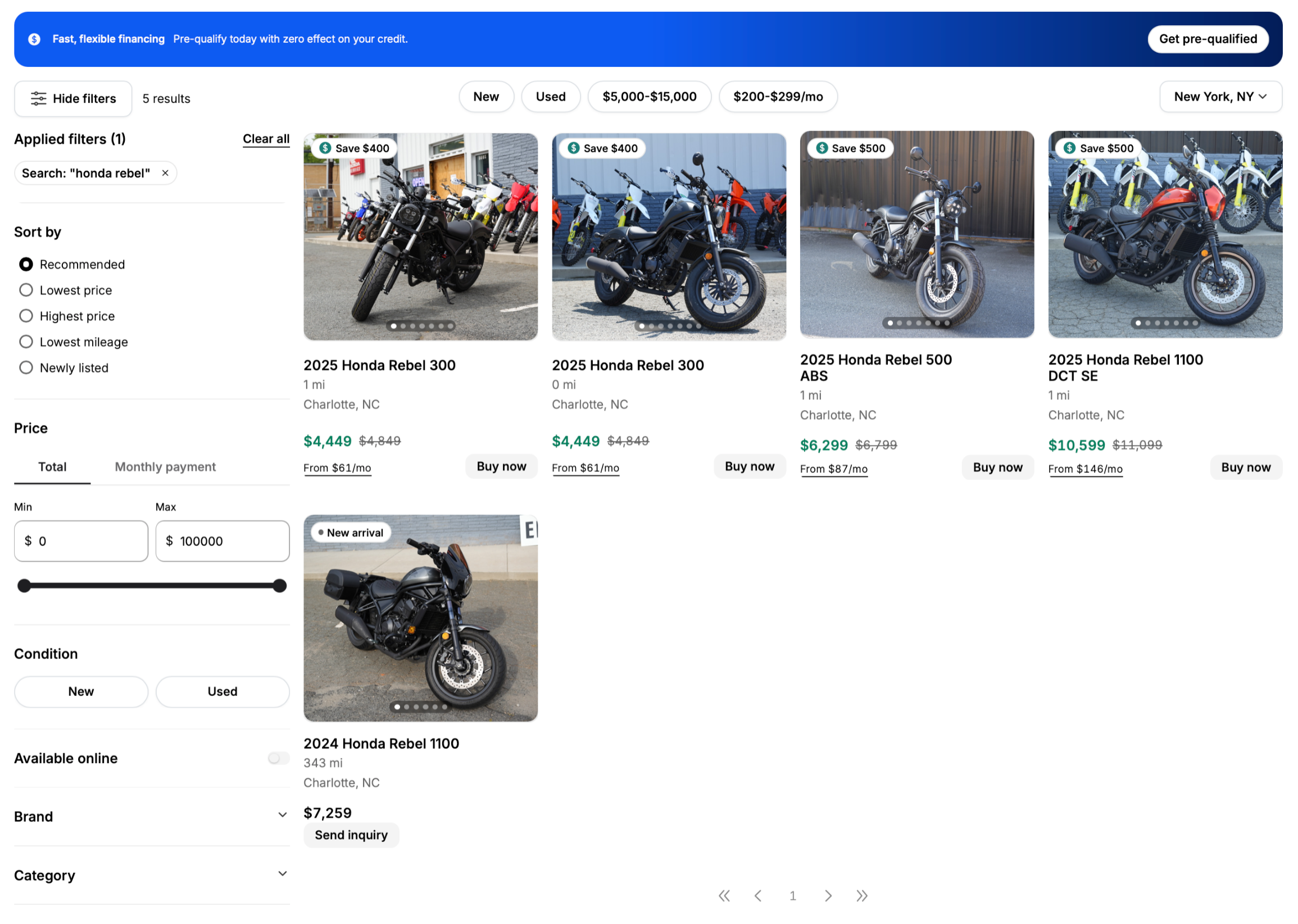 A vehicle search results page with filters applied and buy now buttons on each listing