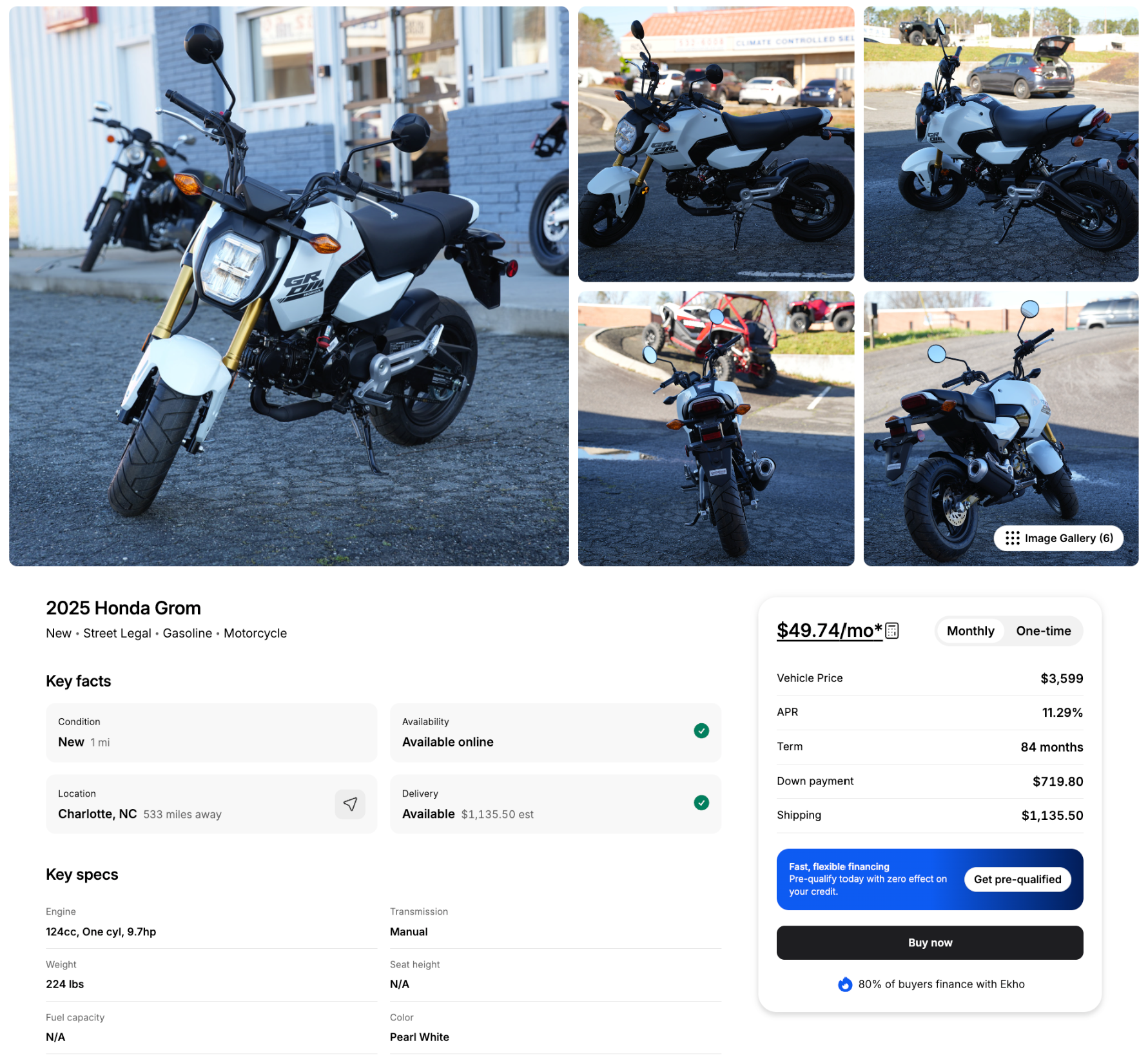 A vehicle details page with photos, key facts, specs, and a monthly payment estimate