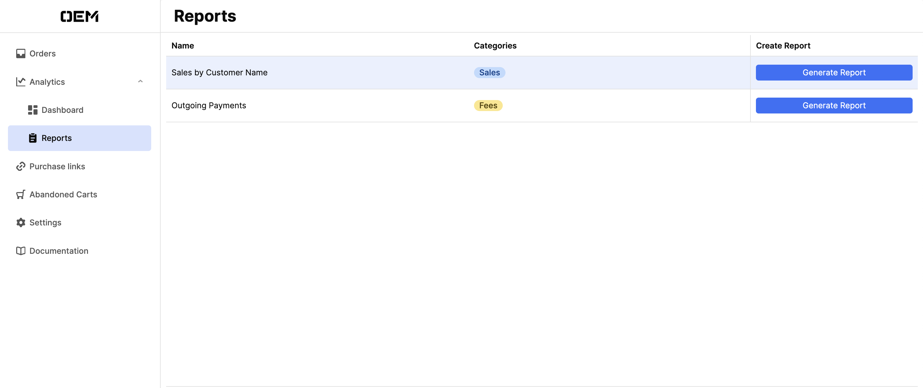 The Reports page listing available report types with generate actions