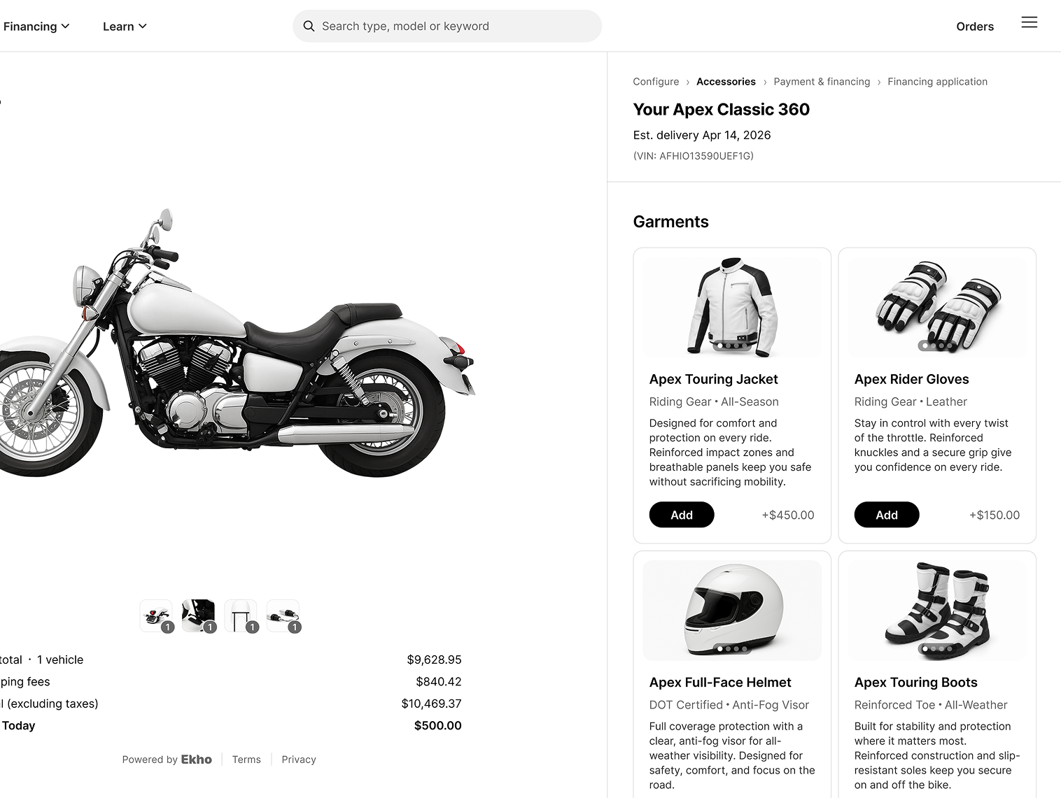 A checkout step offering a touring jacket, rider gloves, full-face helmet, and touring boots