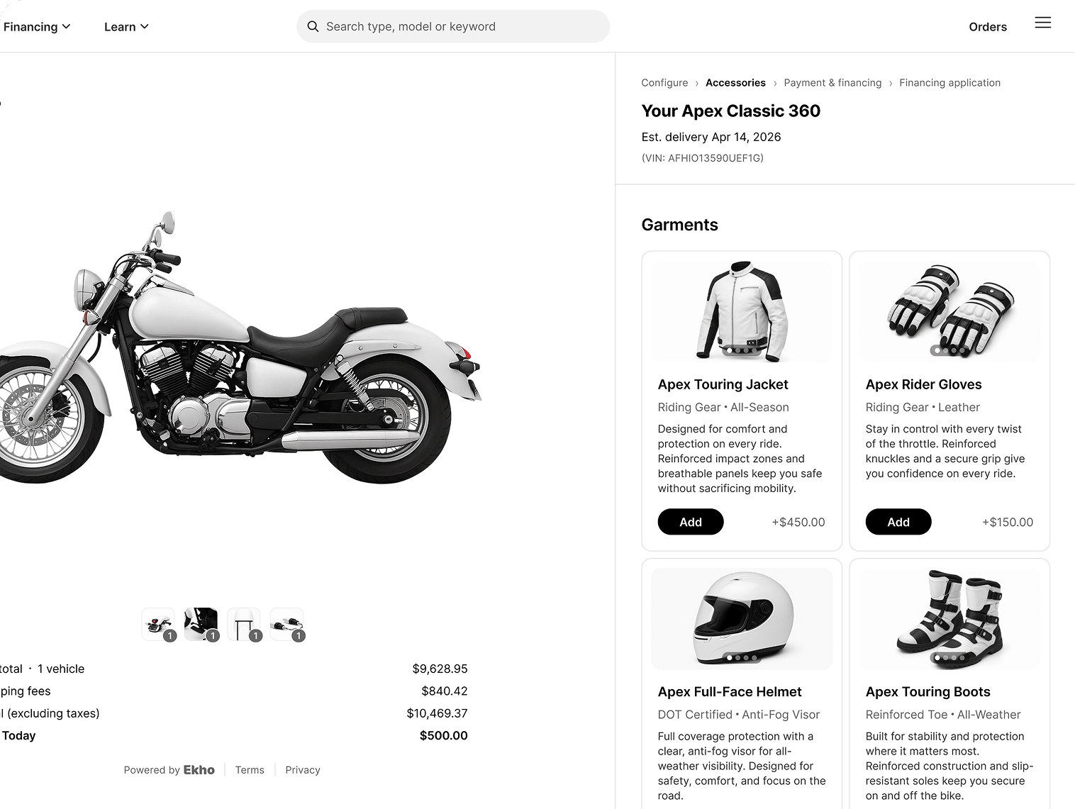 A checkout step offering a touring jacket, rider gloves, full-face helmet, and touring boots