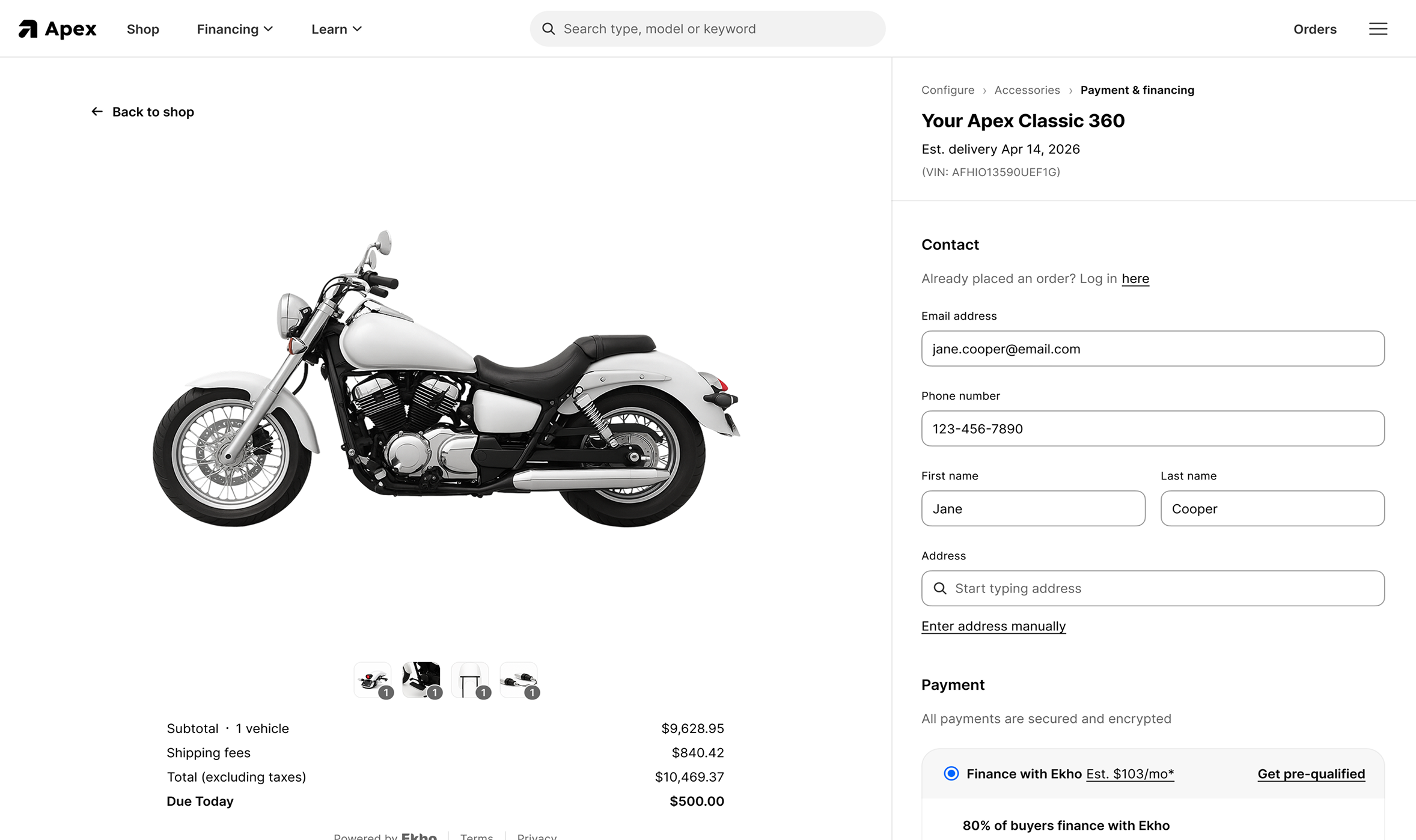 An Ekho checkout page showing contact details and payment options including financing