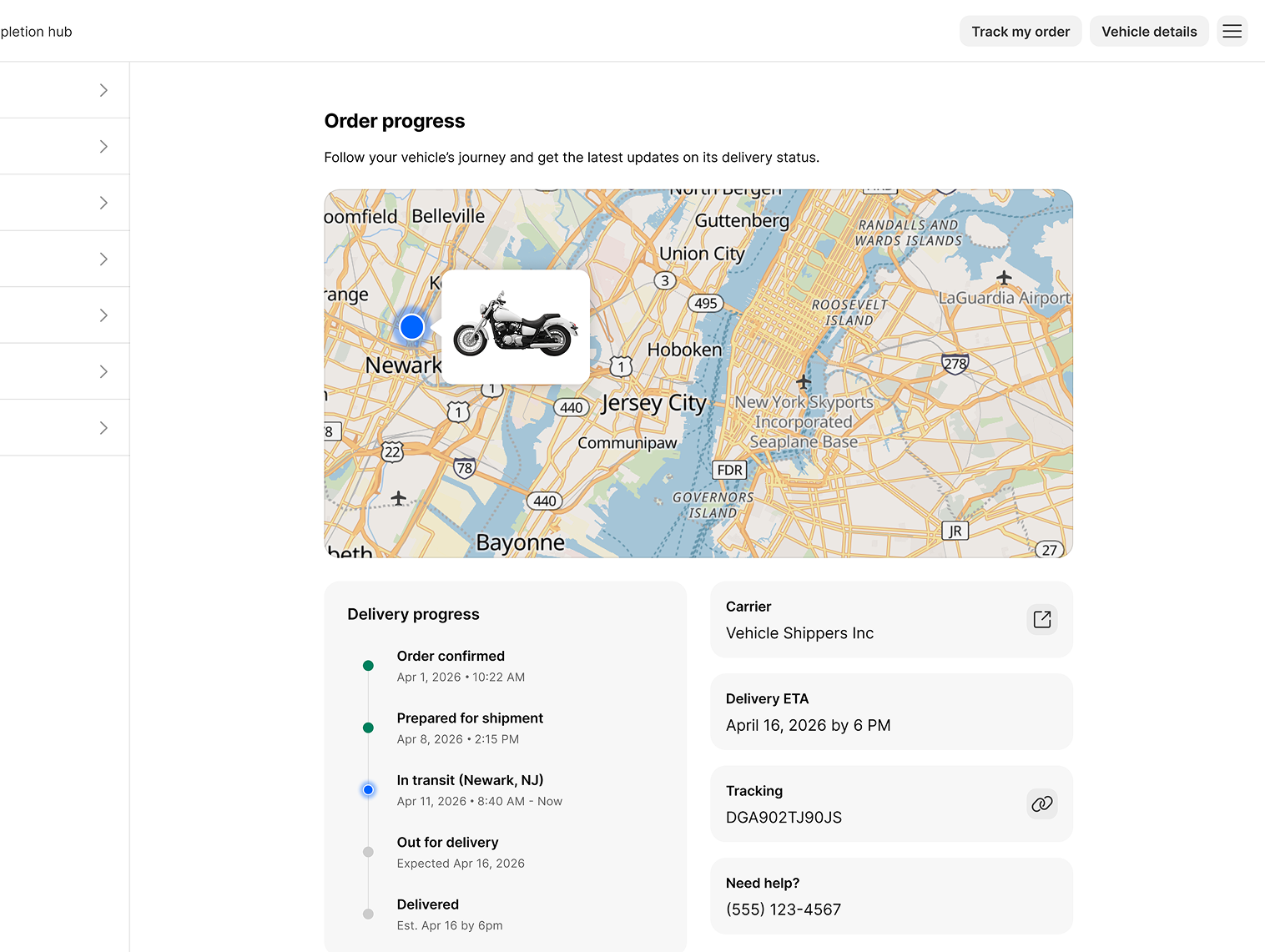 An order progress page with a map, delivery timeline, carrier, ETA, and tracking number