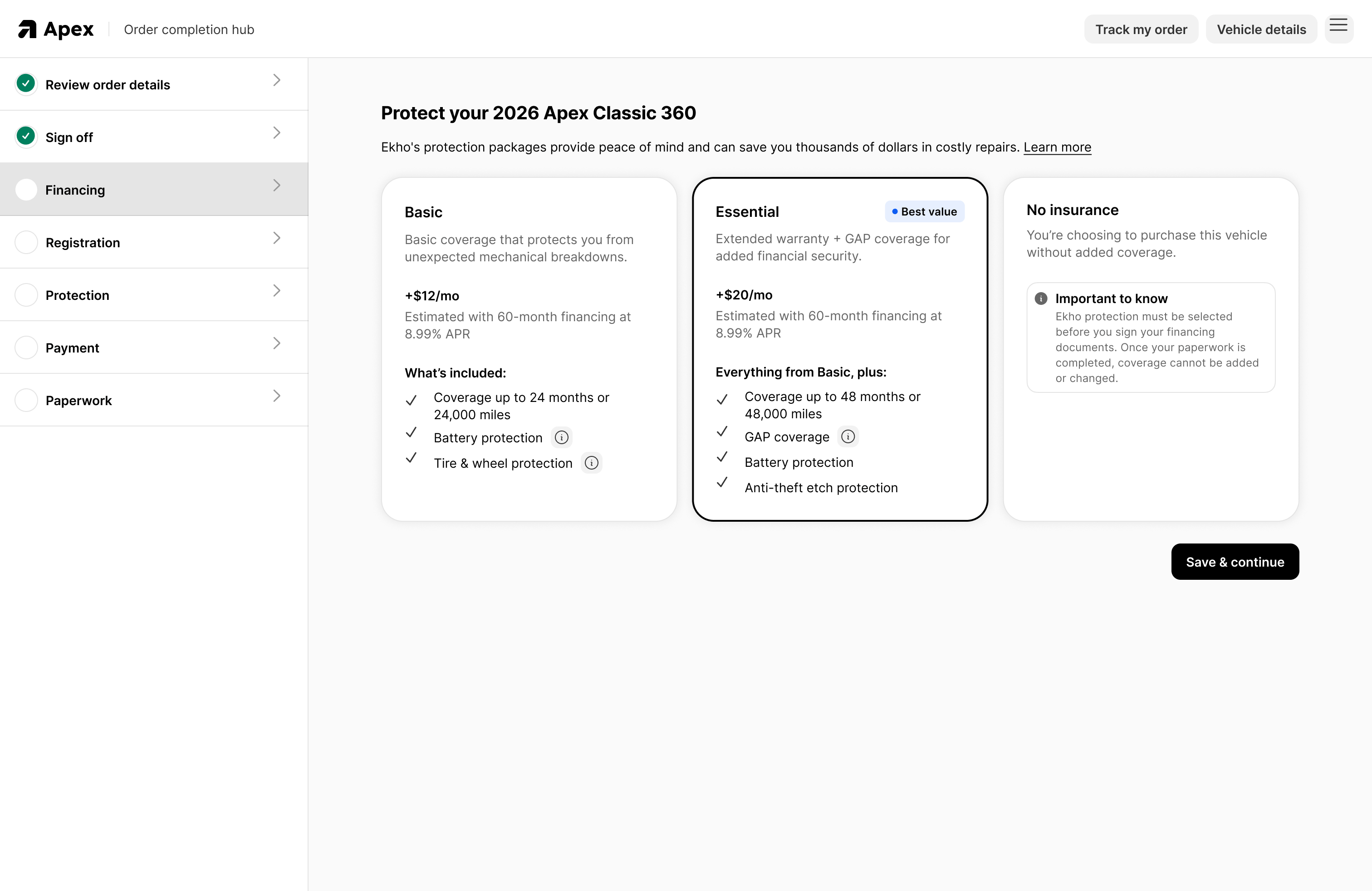 The buyer portal showing order steps down the side and protection options