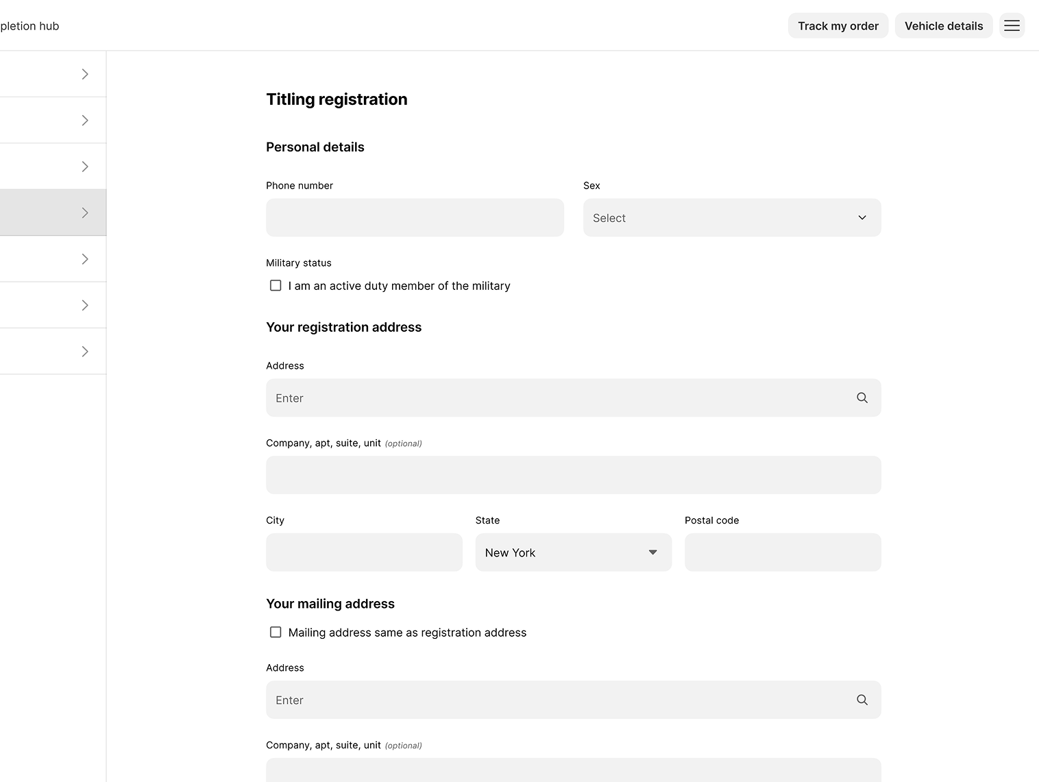 A titling registration form collecting personal details and registration address