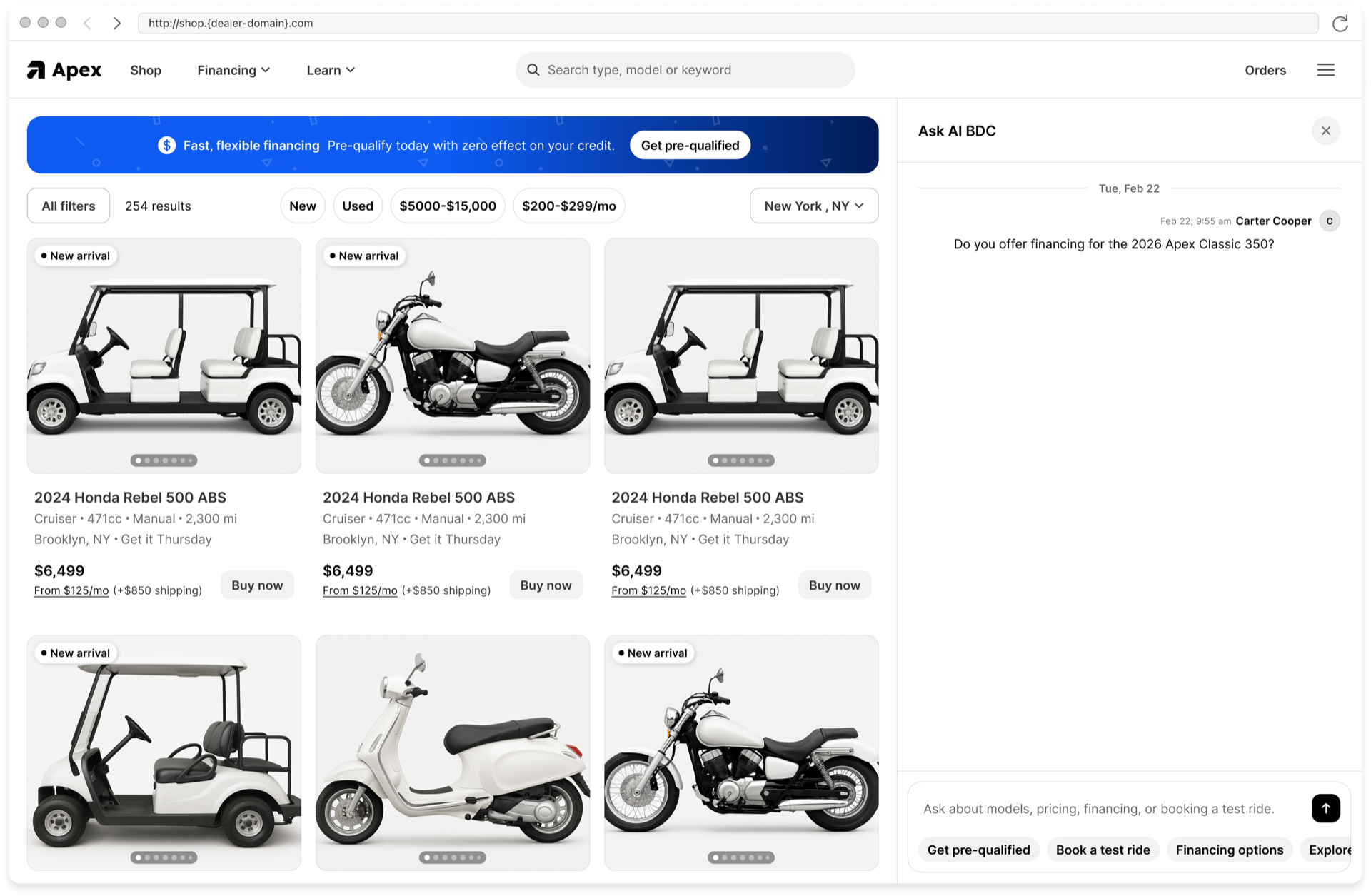 A dealership search results page with the chat assistant answering alongside the listings