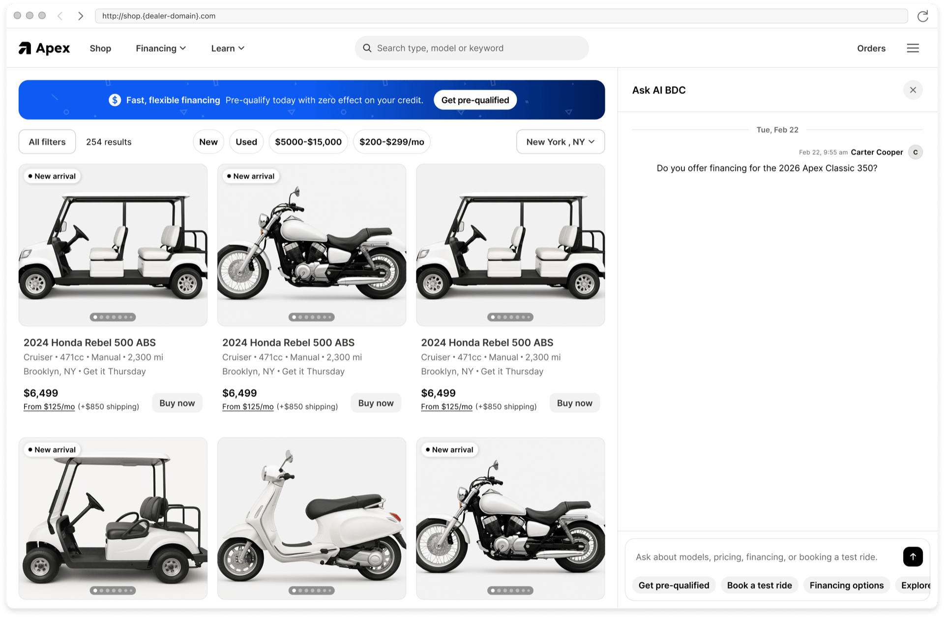 A dealership search results page with the chat assistant answering alongside the listings