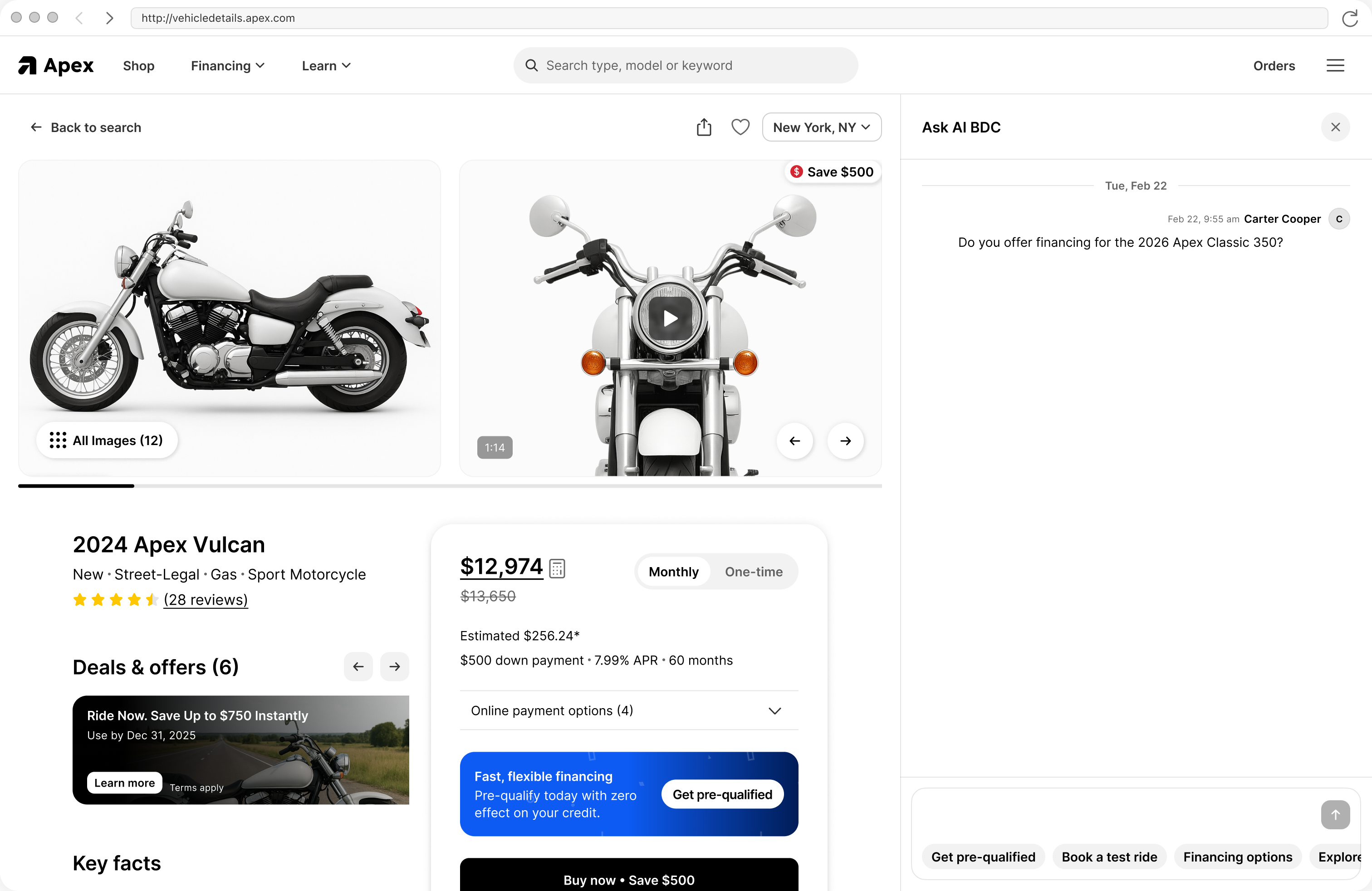 A vehicle details page with the chat assistant answering a question about it