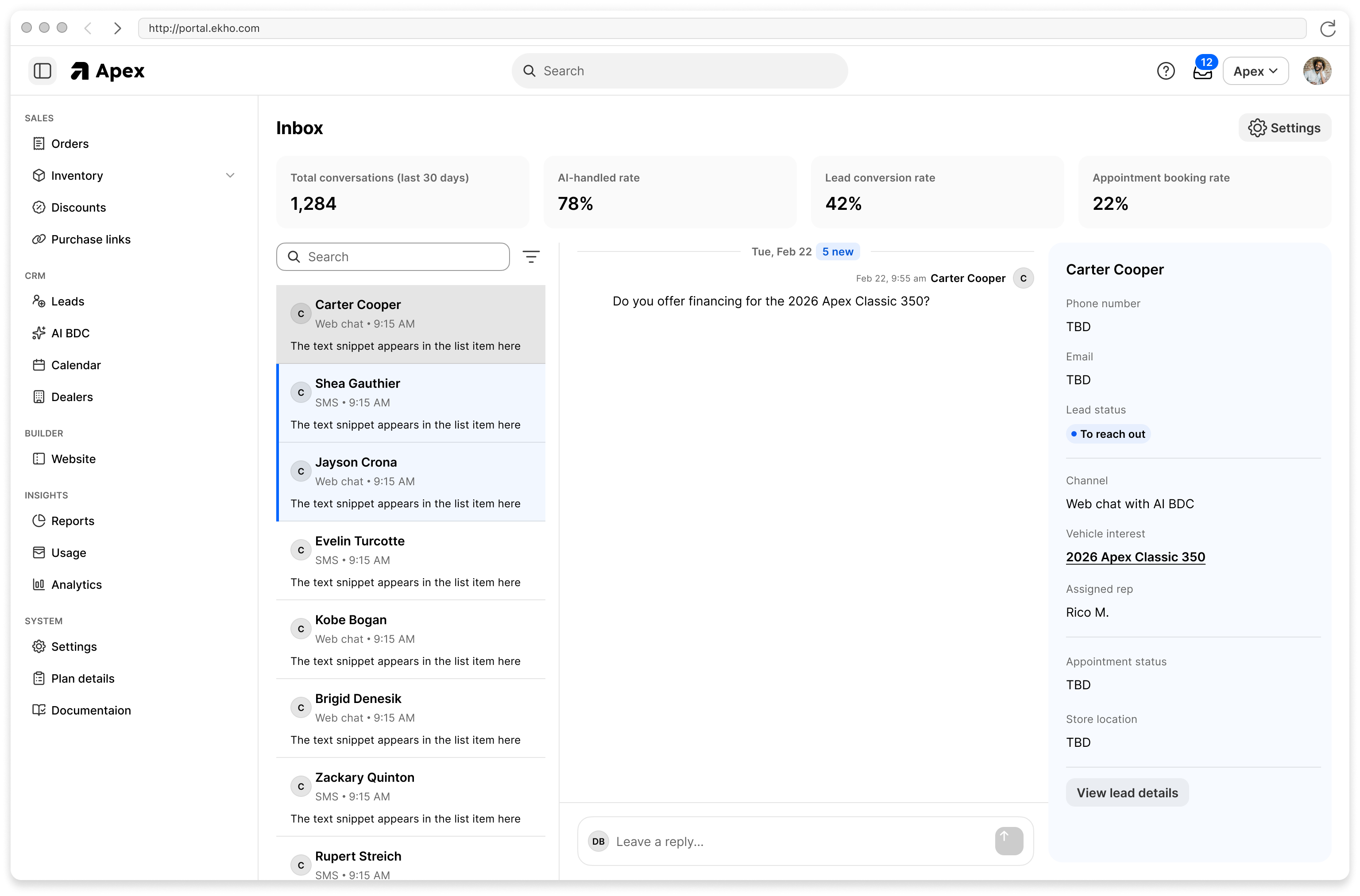 The Sales Agent inbox showing a conversation list, message thread, and lead panel