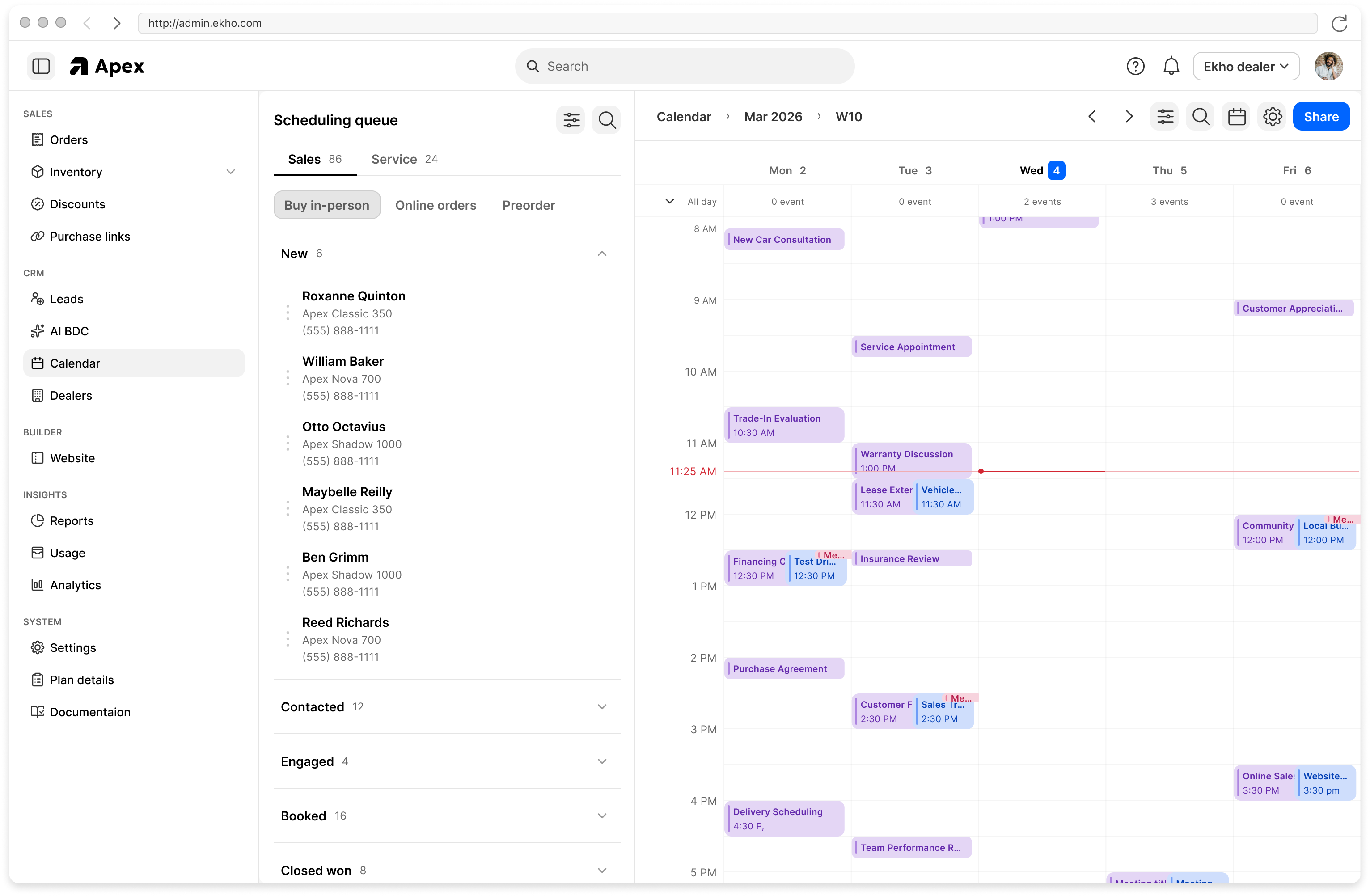 The scheduling queue showing booked appointments on a calendar