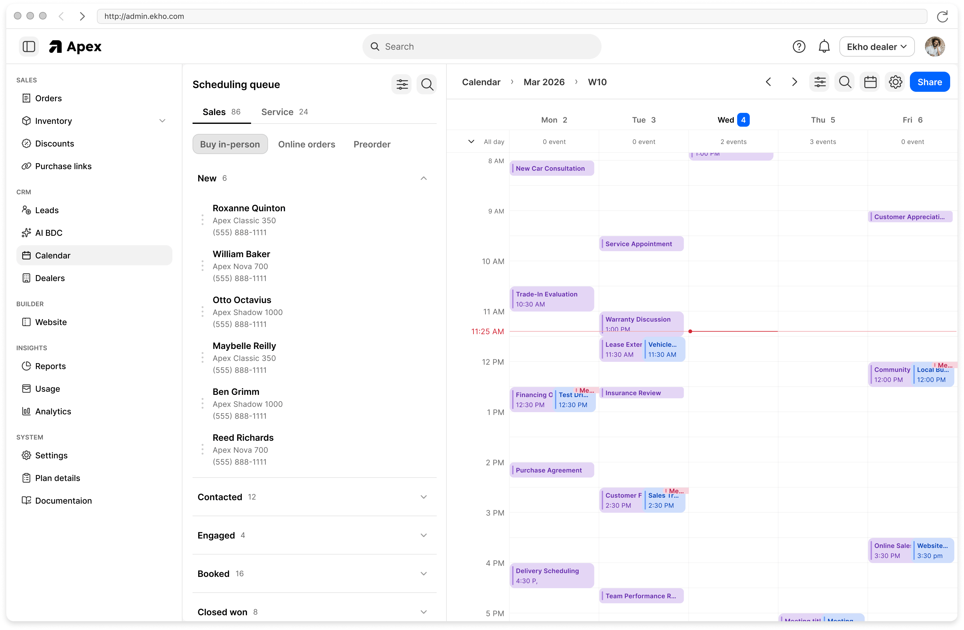The scheduling queue showing booked appointments on a calendar