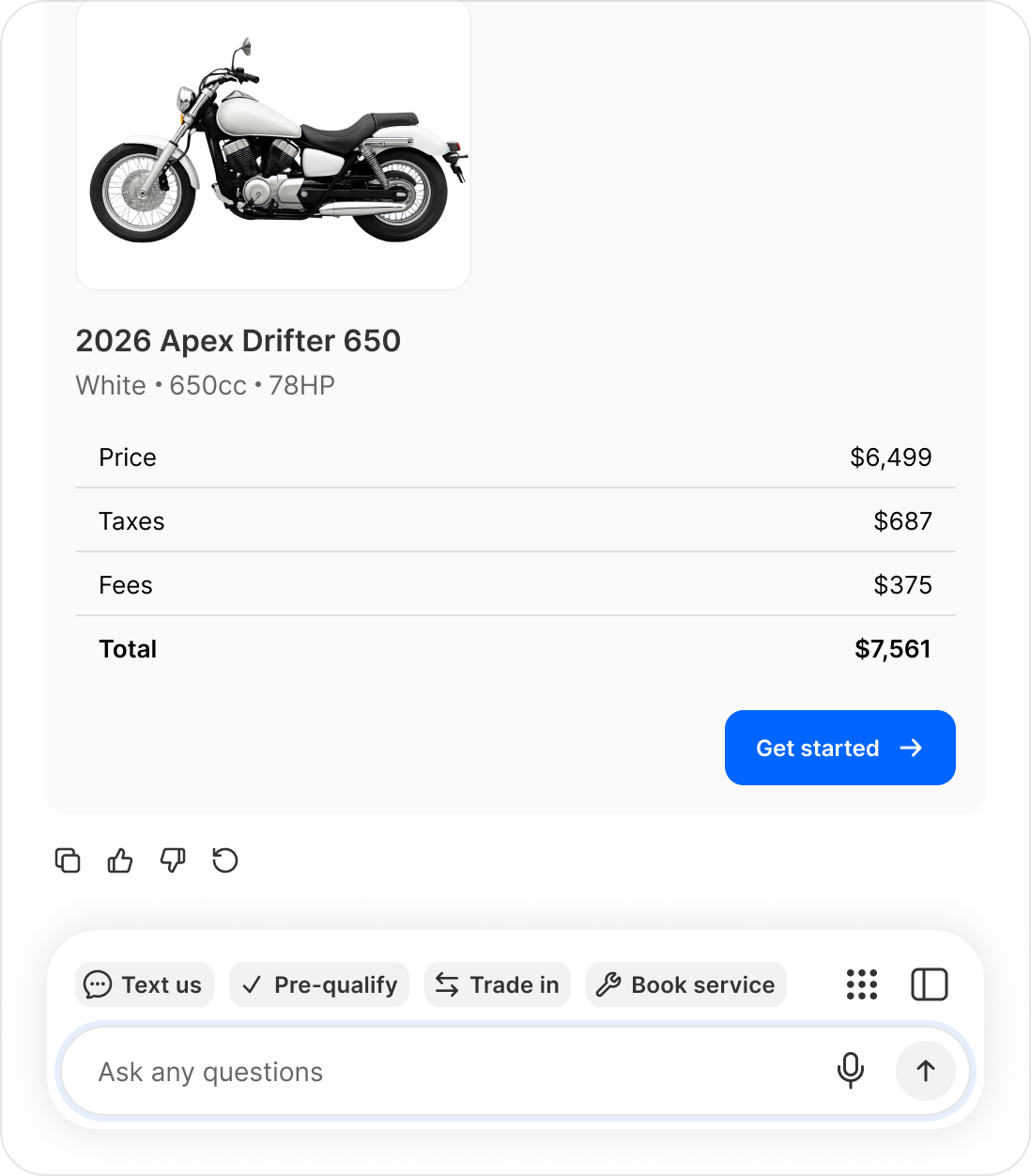 A chat conversation showing price, taxes, fees, and total with a Get started button