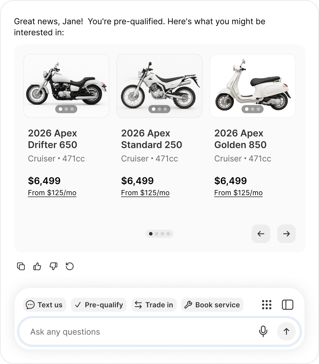 A chat conversation showing a pre-qualified buyer with three matching vehicles and monthly payments