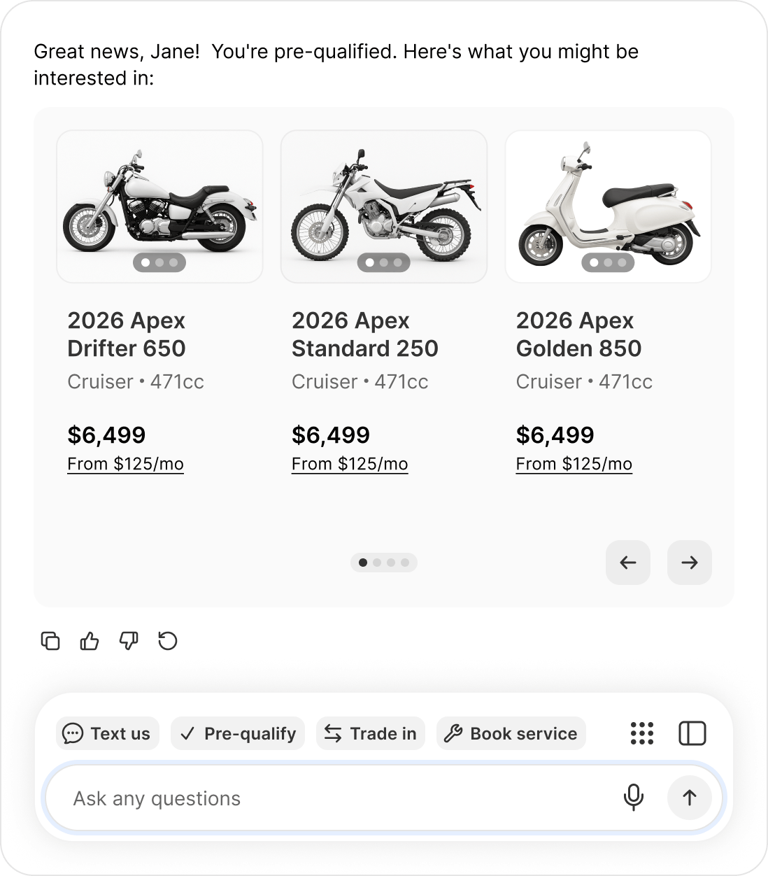 A chat conversation showing a pre-qualified buyer with three matching vehicles and monthly payments