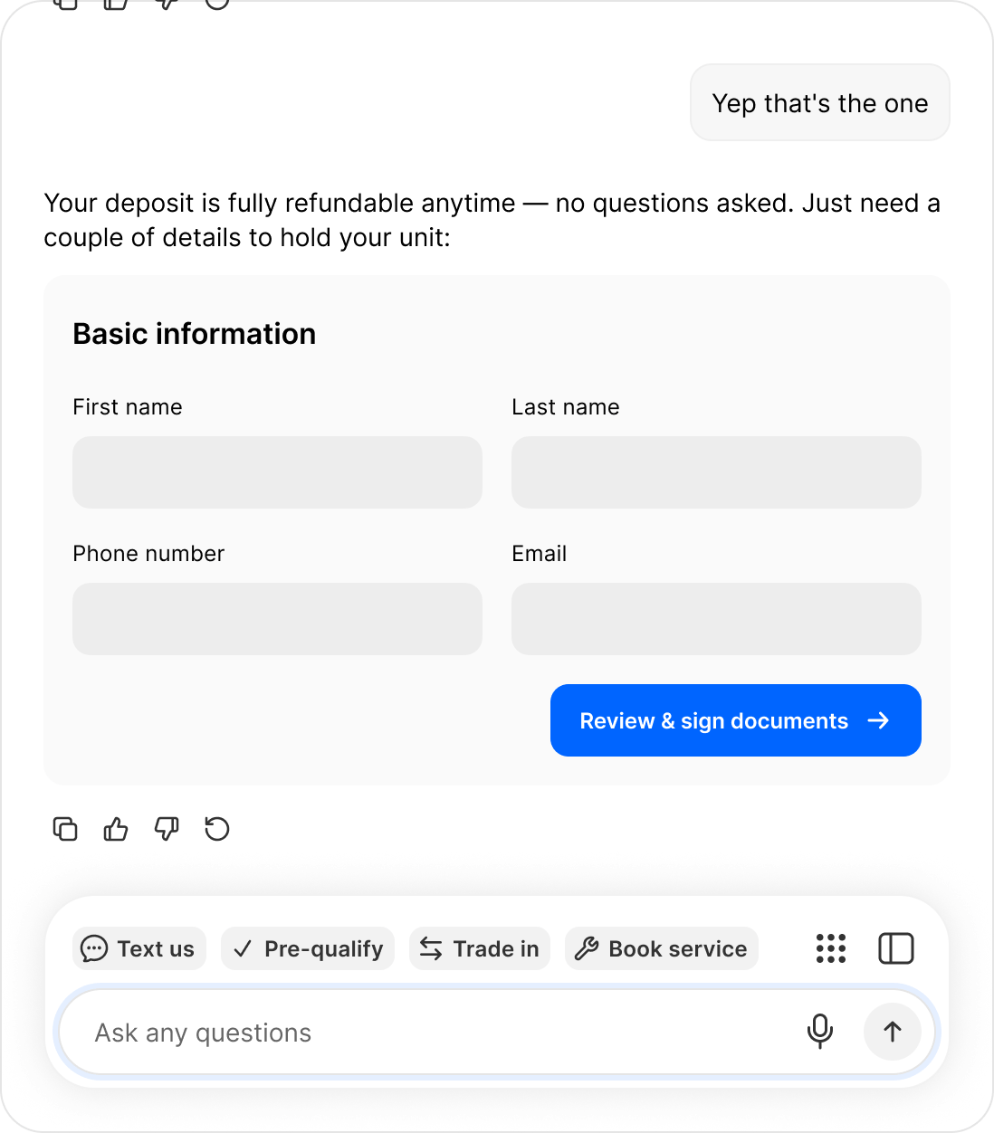 A chat conversation taking a refundable deposit to reserve a vehicle