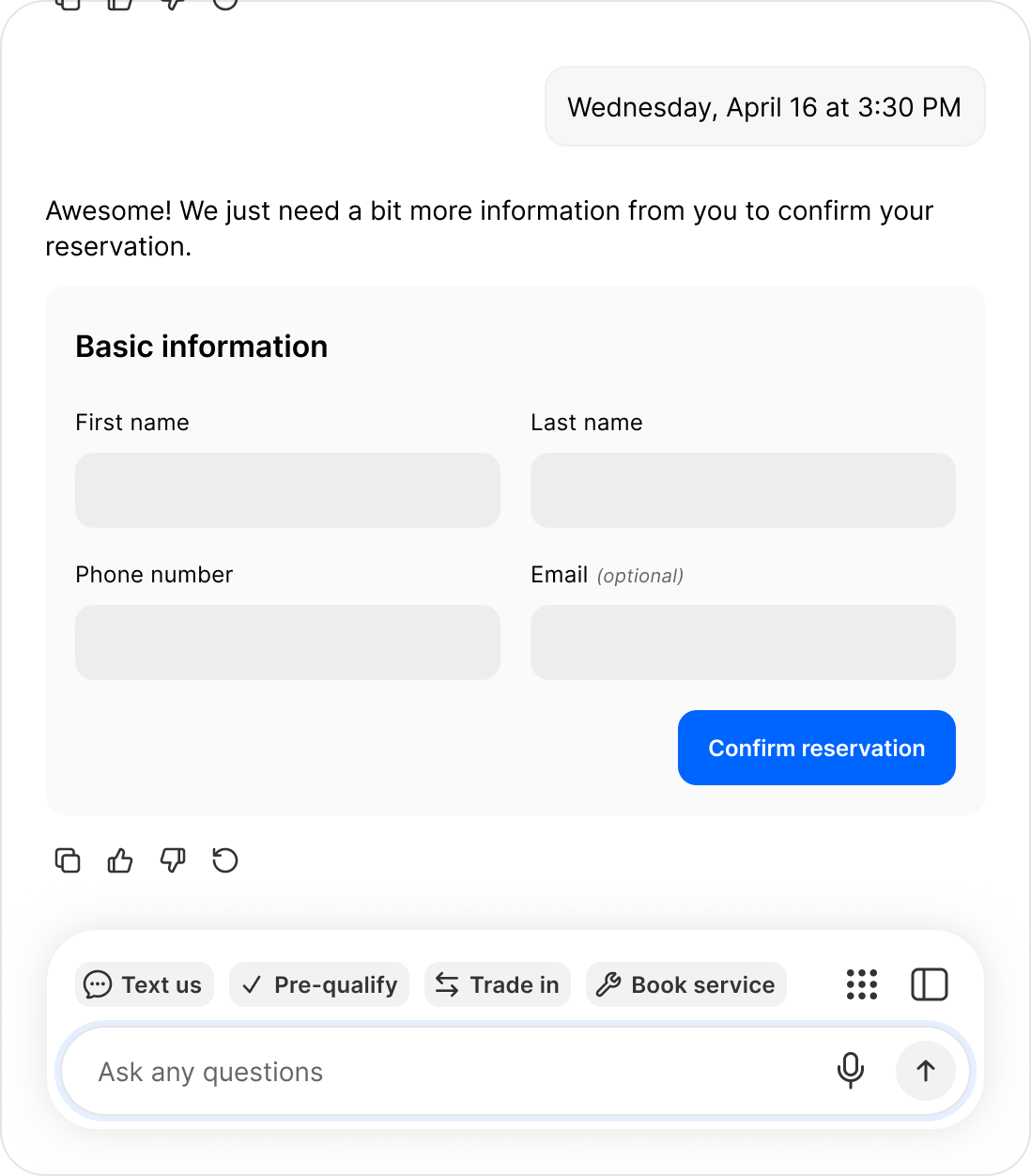A chat conversation confirming an appointment for a specific date and time