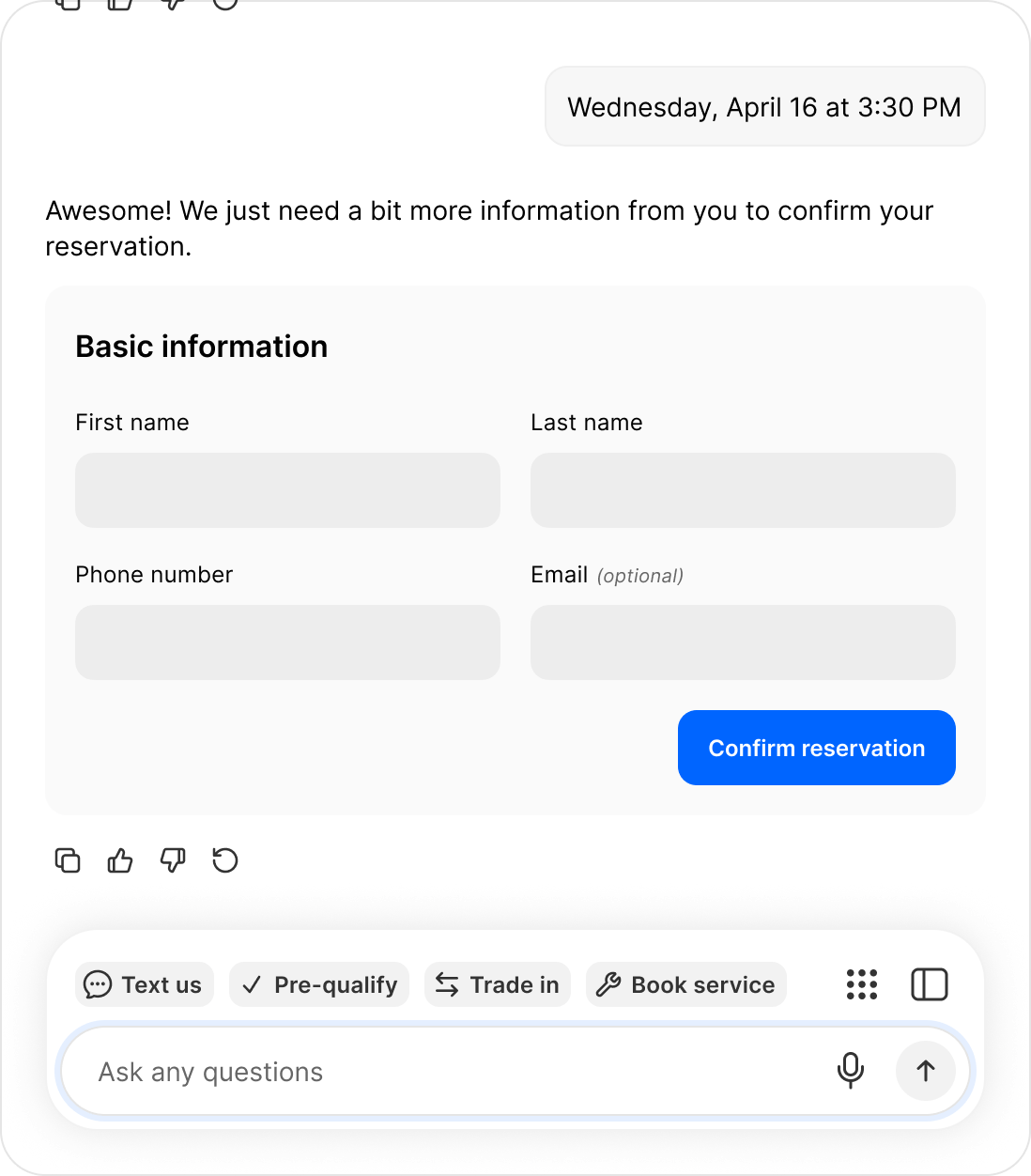 A chat conversation confirming an appointment for a specific date and time