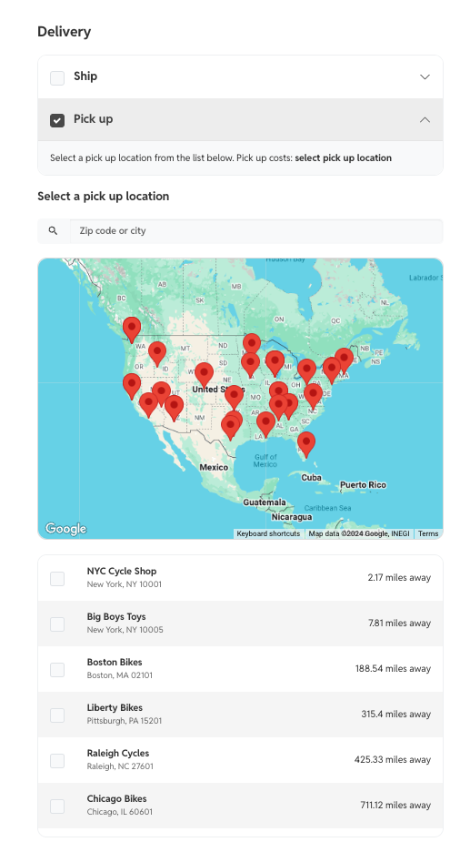 A pickup option in checkout showing a location and map