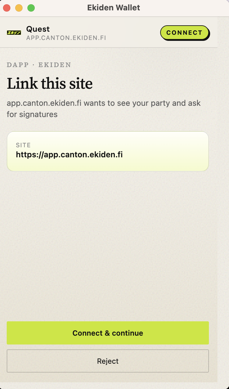 Ekiden Wallet connection approval popup