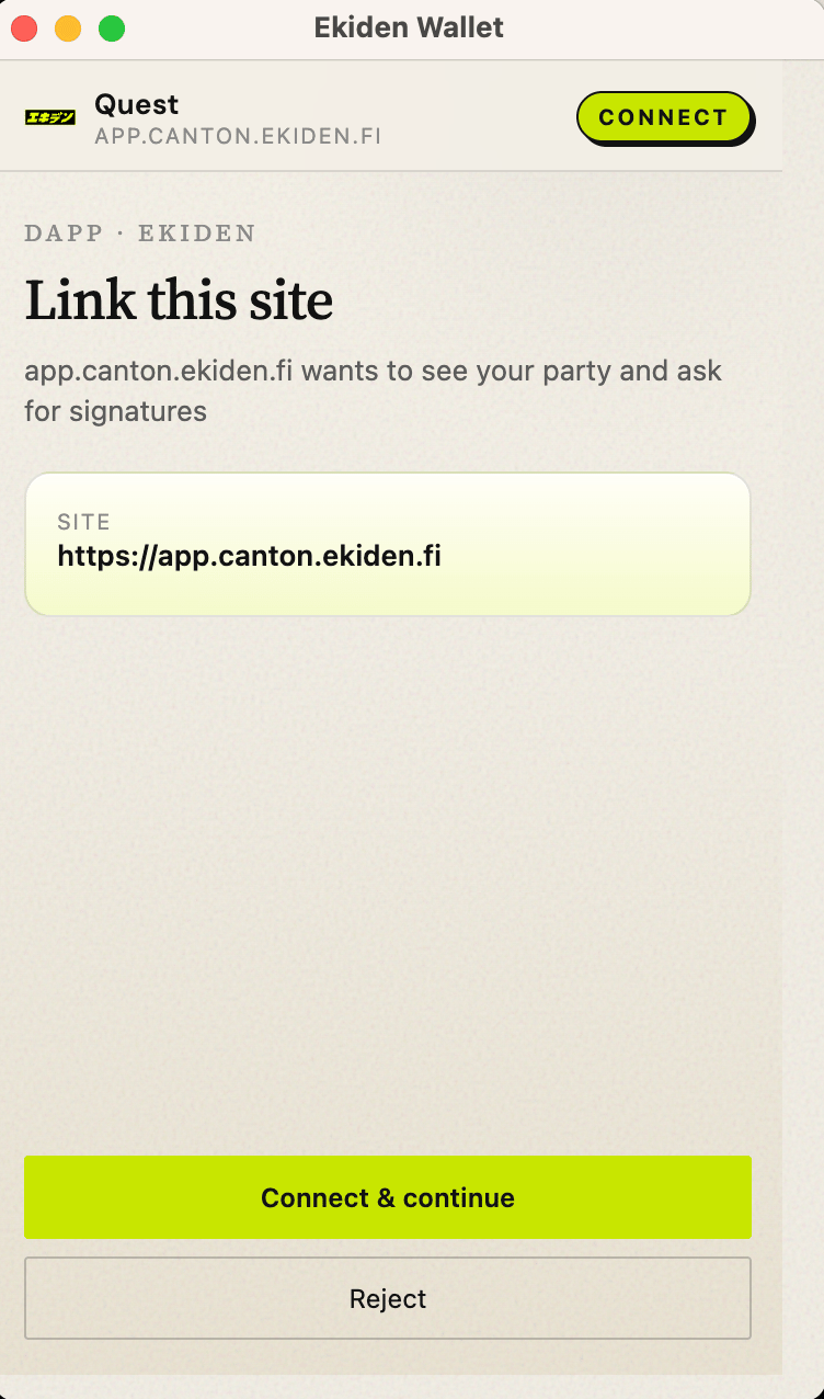 Ekiden Wallet connection approval popup