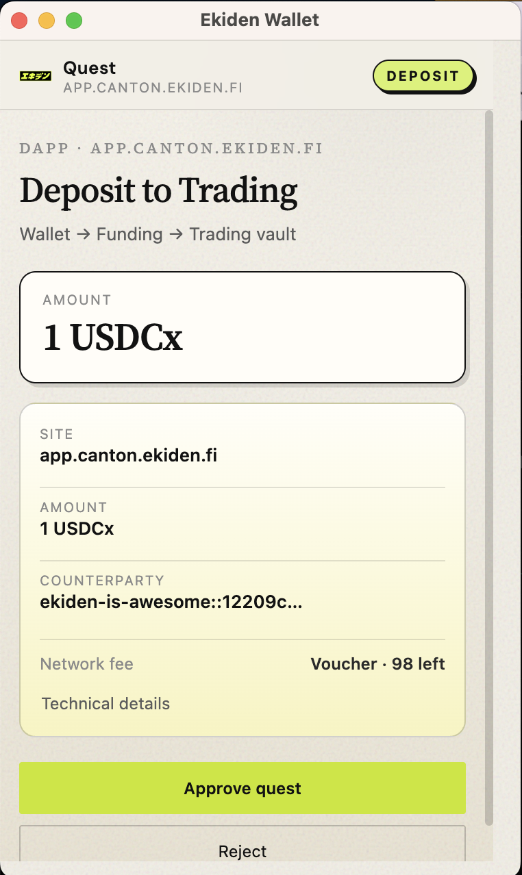 Ekiden Wallet transaction approval popup
