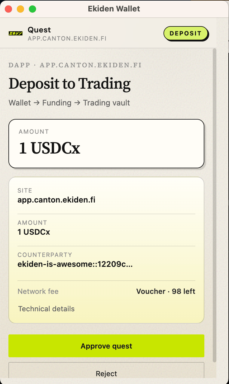Ekiden Wallet transaction approval popup