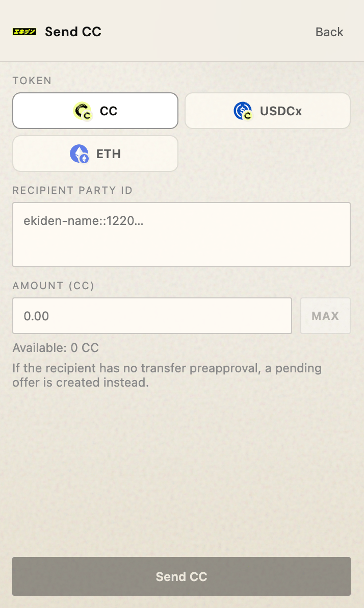 Send assets screen with instrument, amount, and recipient