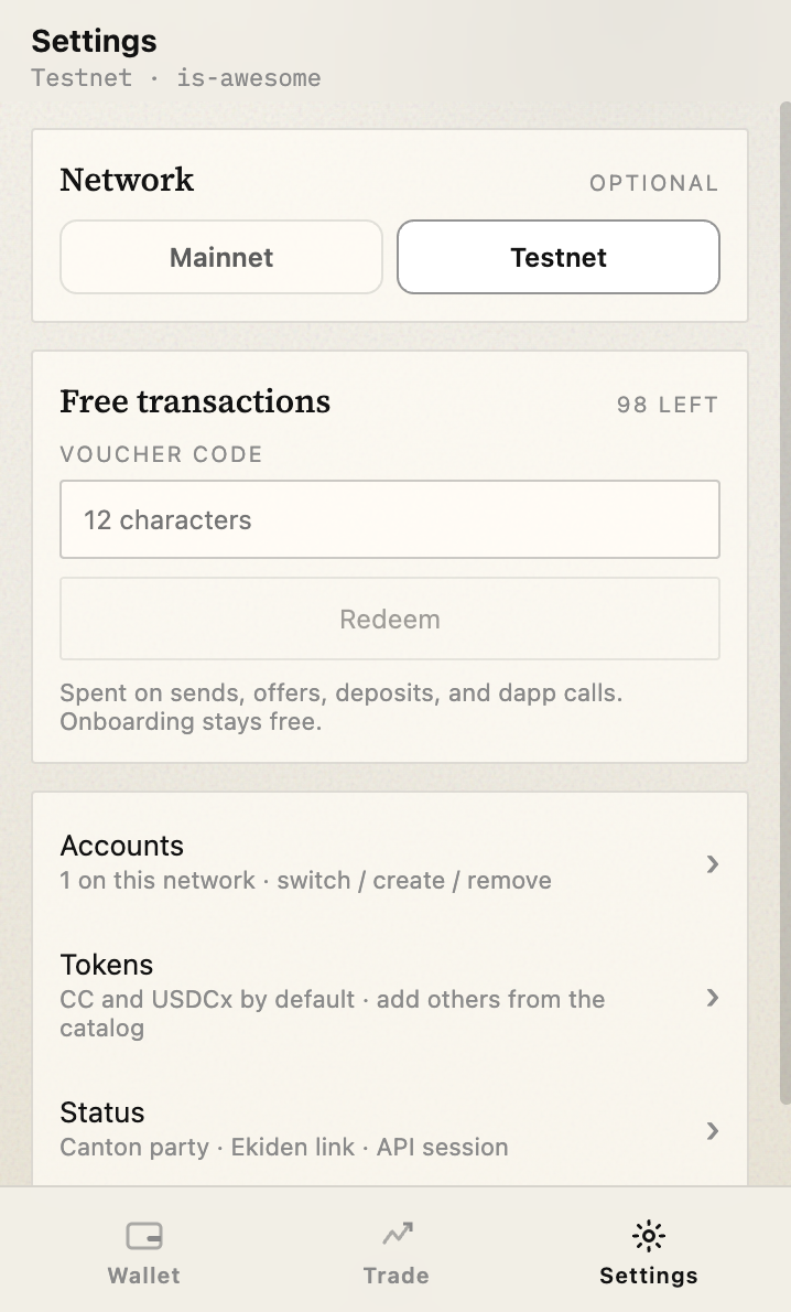 Wallet settings with lock and remove wallet options