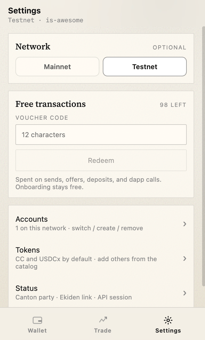 Wallet settings with lock and remove wallet options
