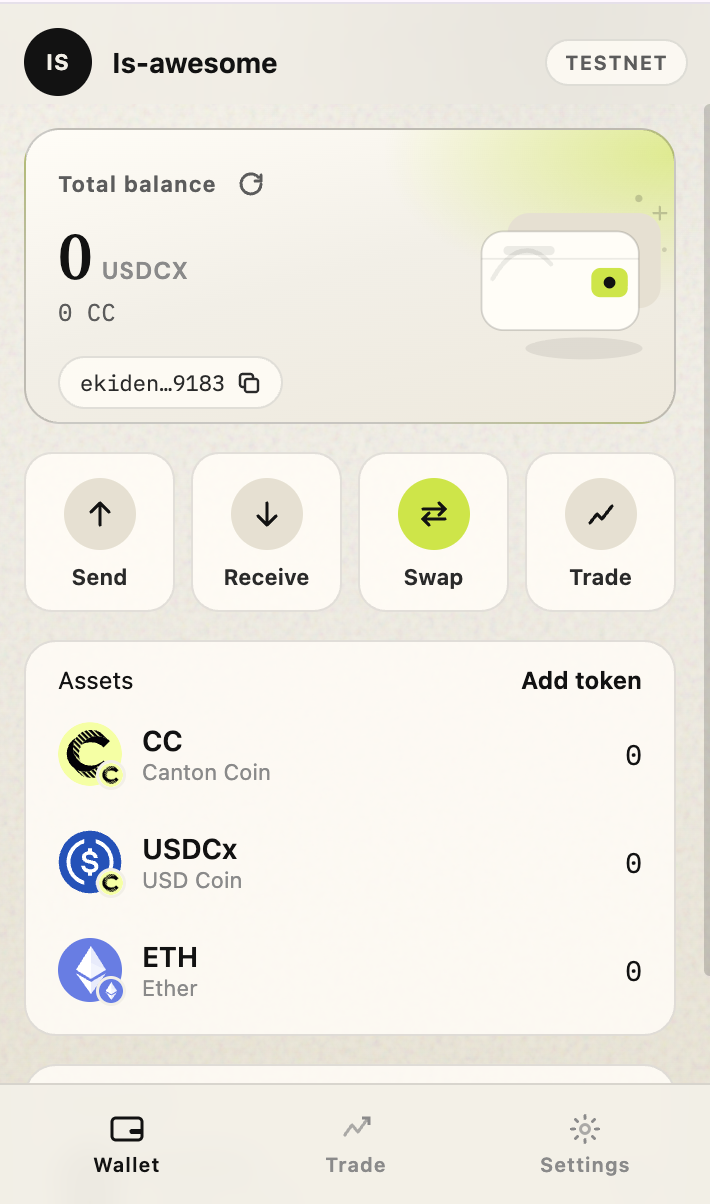 Ekiden Wallet home screen