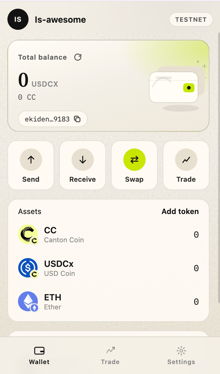Ekiden Wallet home screen